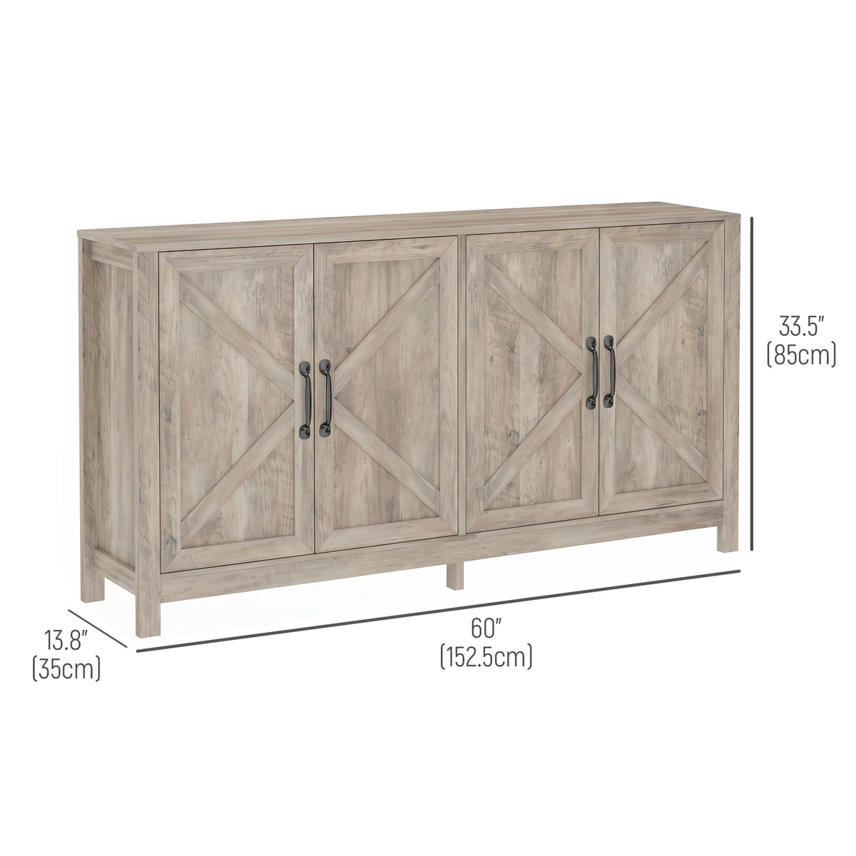 Farmhouse Kitchen Storage Cabinet, Sideboard Buffet Cabinet with 4 Barn Doors and Adjustable Shelves, Light Distressed Grey
