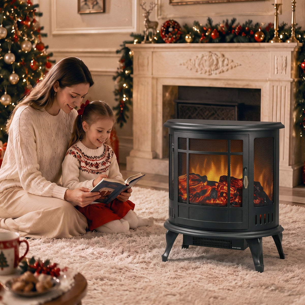 3-Sided Electric Fireplace Stove, 2000W Freestanding Log Burner, Portable Electric Fire Fan Heater with LED Flame Effect, Adjustable Thermostat, Overheat Protection, Black