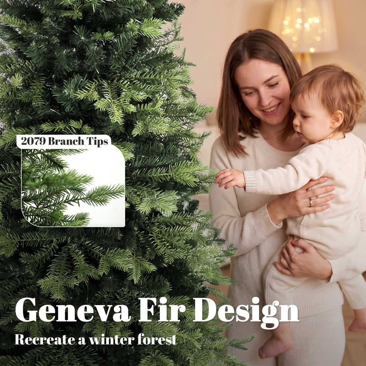 7ft/210cm Artificial Christmas Tree, Geneva Fir Hinged Xmas Tree with 2079 Branch Tips, Foldable Steel Stand, Easy Assembly for Home Office Holiday Decoration, Green