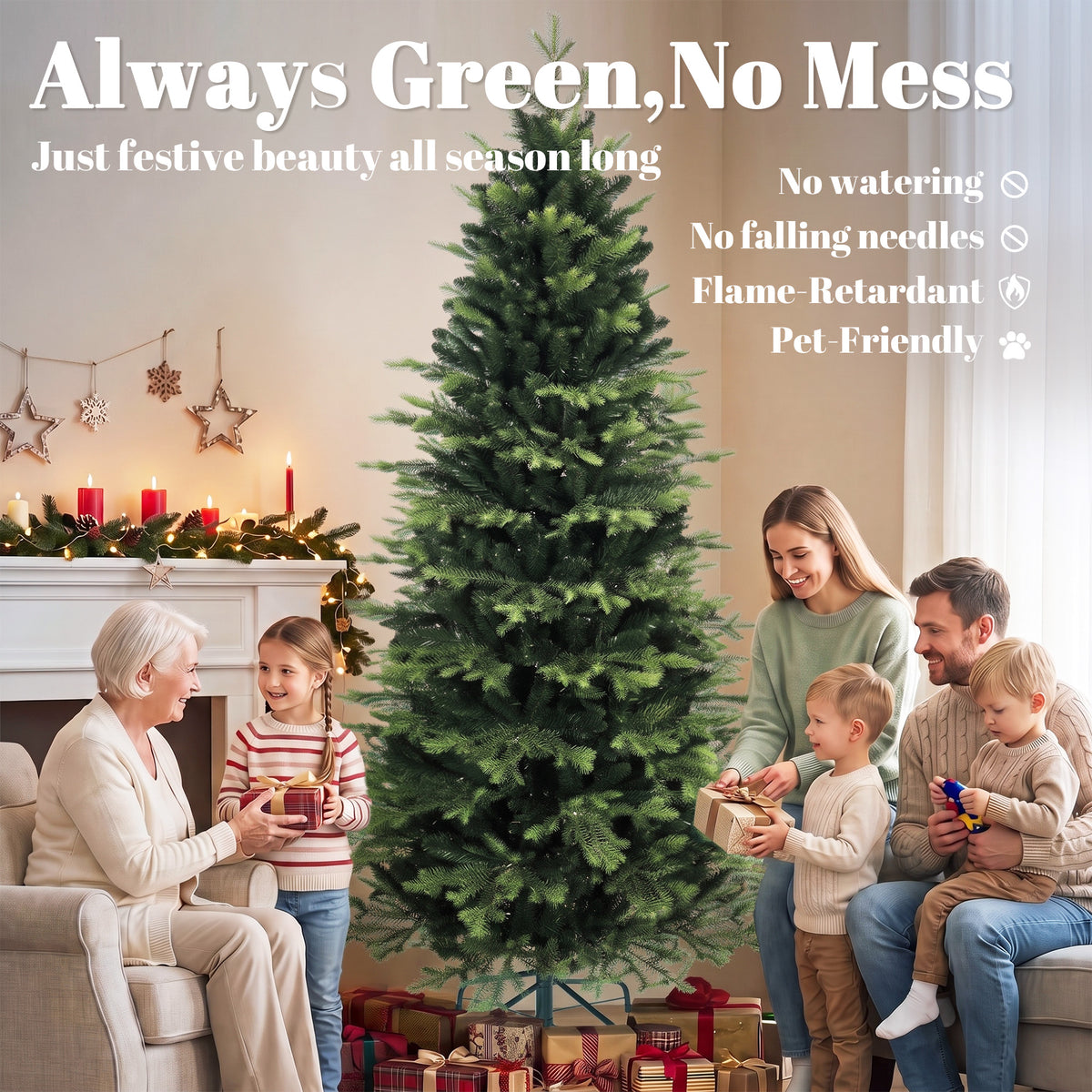 7ft/210cm Artificial Christmas Tree, Geneva Fir Hinged Xmas Tree with 2079 Branch Tips, Foldable Steel Stand, Easy Assembly for Home Office Holiday Decoration, Green