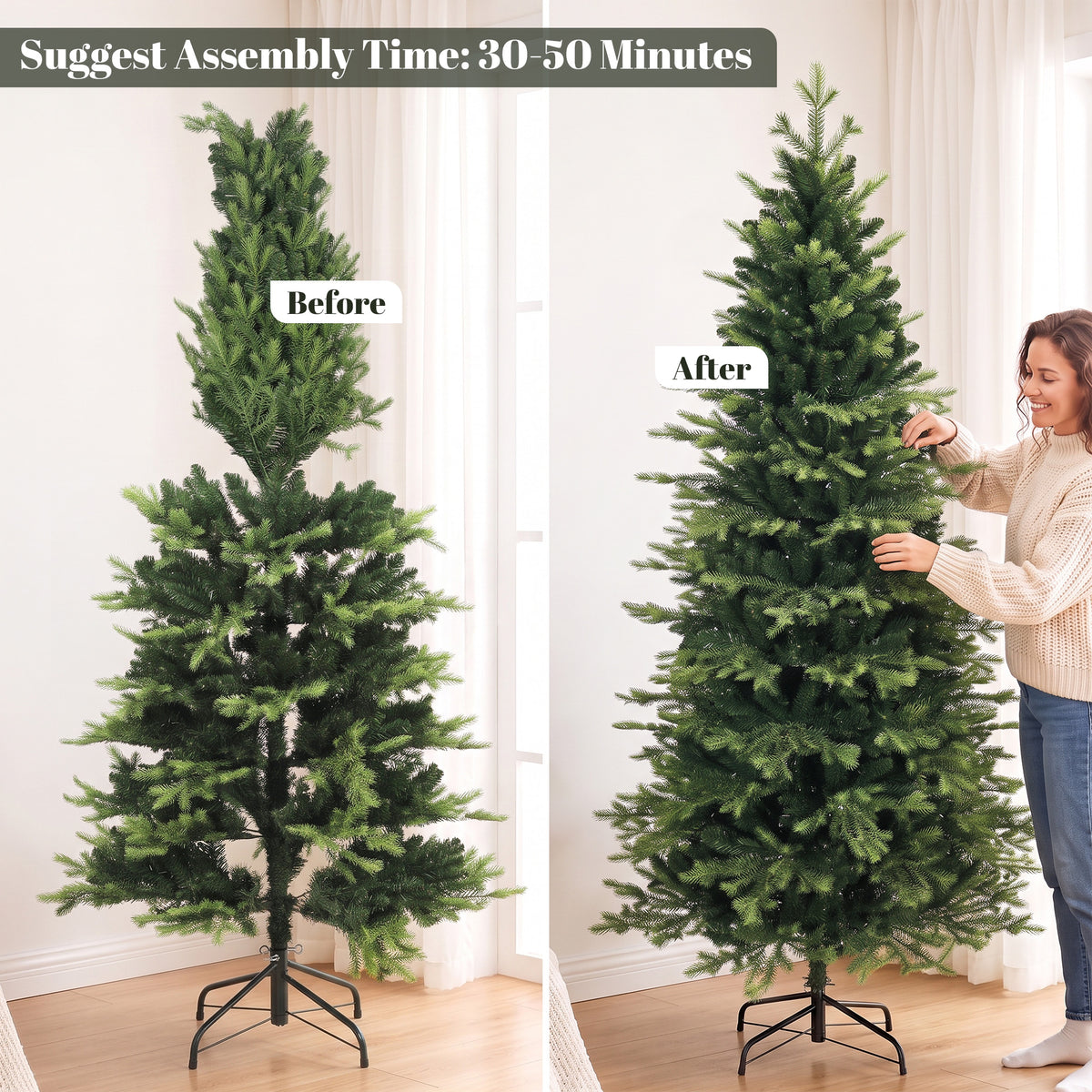 7ft/210cm Artificial Christmas Tree, Geneva Fir Hinged Xmas Tree with 2079 Branch Tips, Foldable Steel Stand, Easy Assembly for Home Office Holiday Decoration, Green
