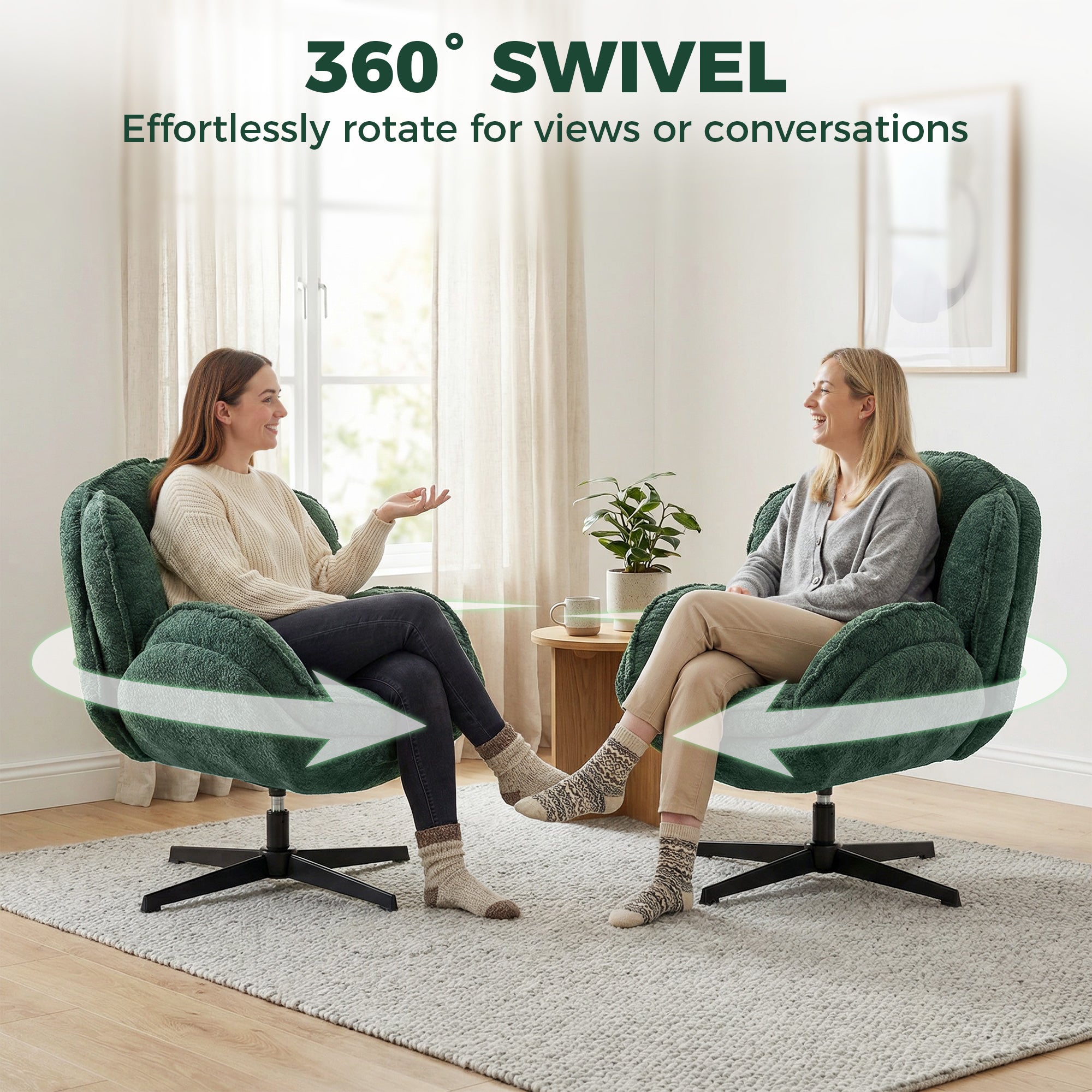 Modern Wingback Accent Chair, Velvet Armchair with 360° Swivel, Four-Star Base, S-Springs, Bedroom Chair for Living Room, Bedroom, Study, Dark Green