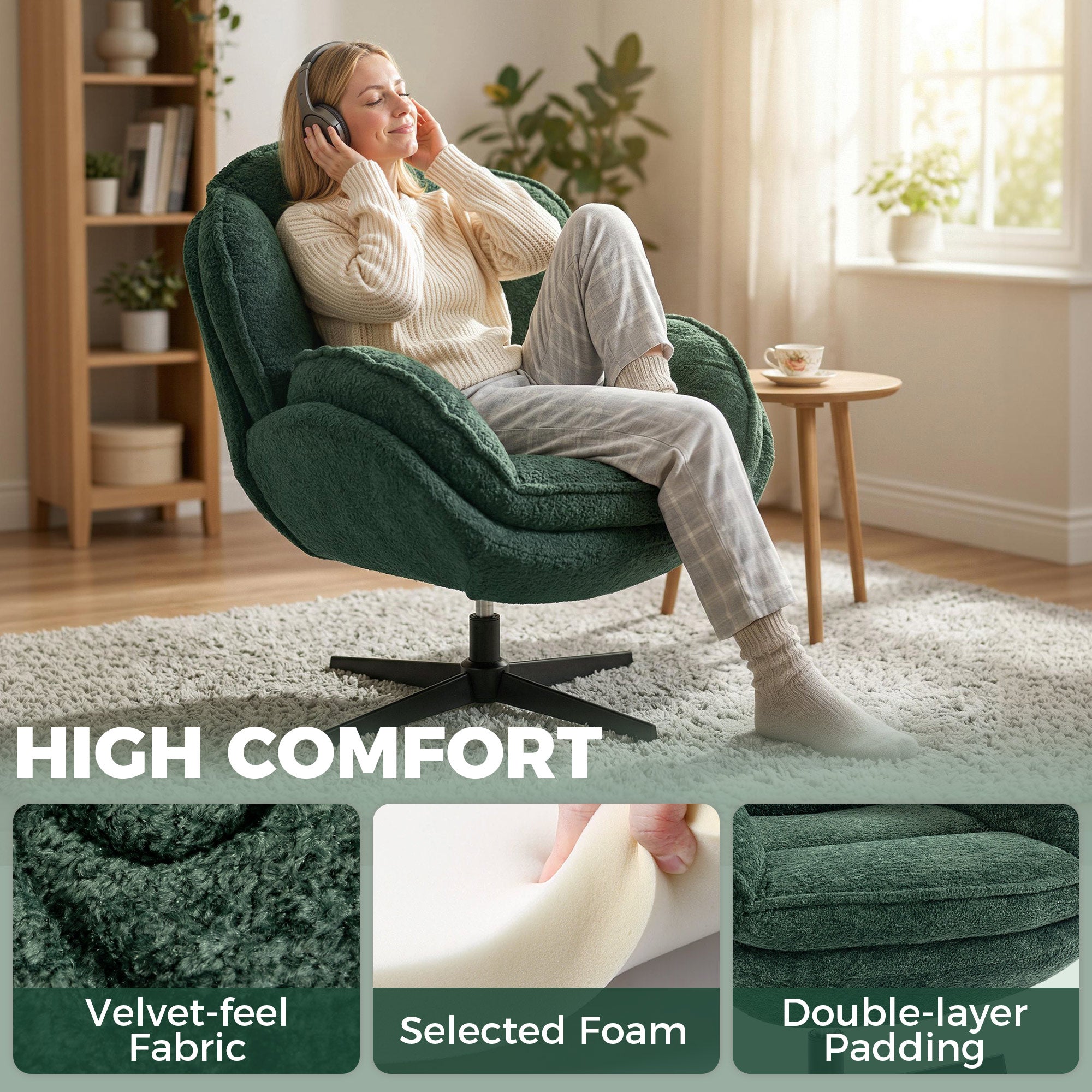 Modern Wingback Accent Chair, Velvet Armchair with 360° Swivel, Four-Star Base, S-Springs, Bedroom Chair for Living Room, Bedroom, Study, Dark Green
