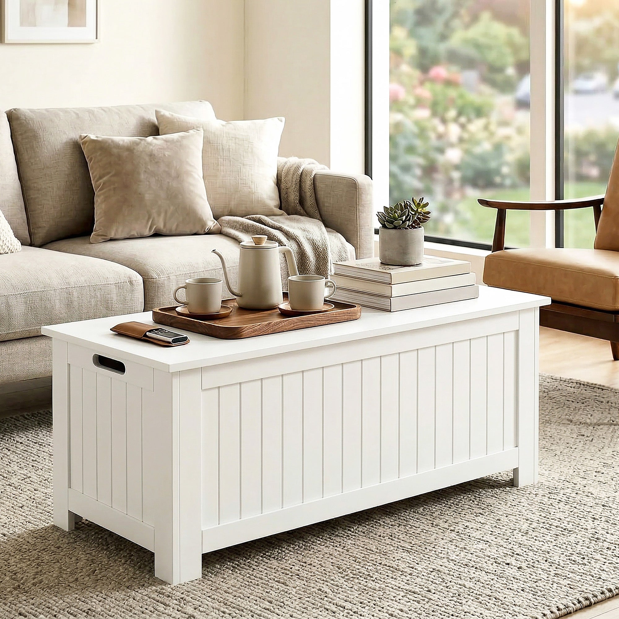 Storage Chest, Modern Storage Trunk with 2 Safety Hinges and Flip-Top Lid, Blanket Box for Living Room, 39" x 16" x 18", White