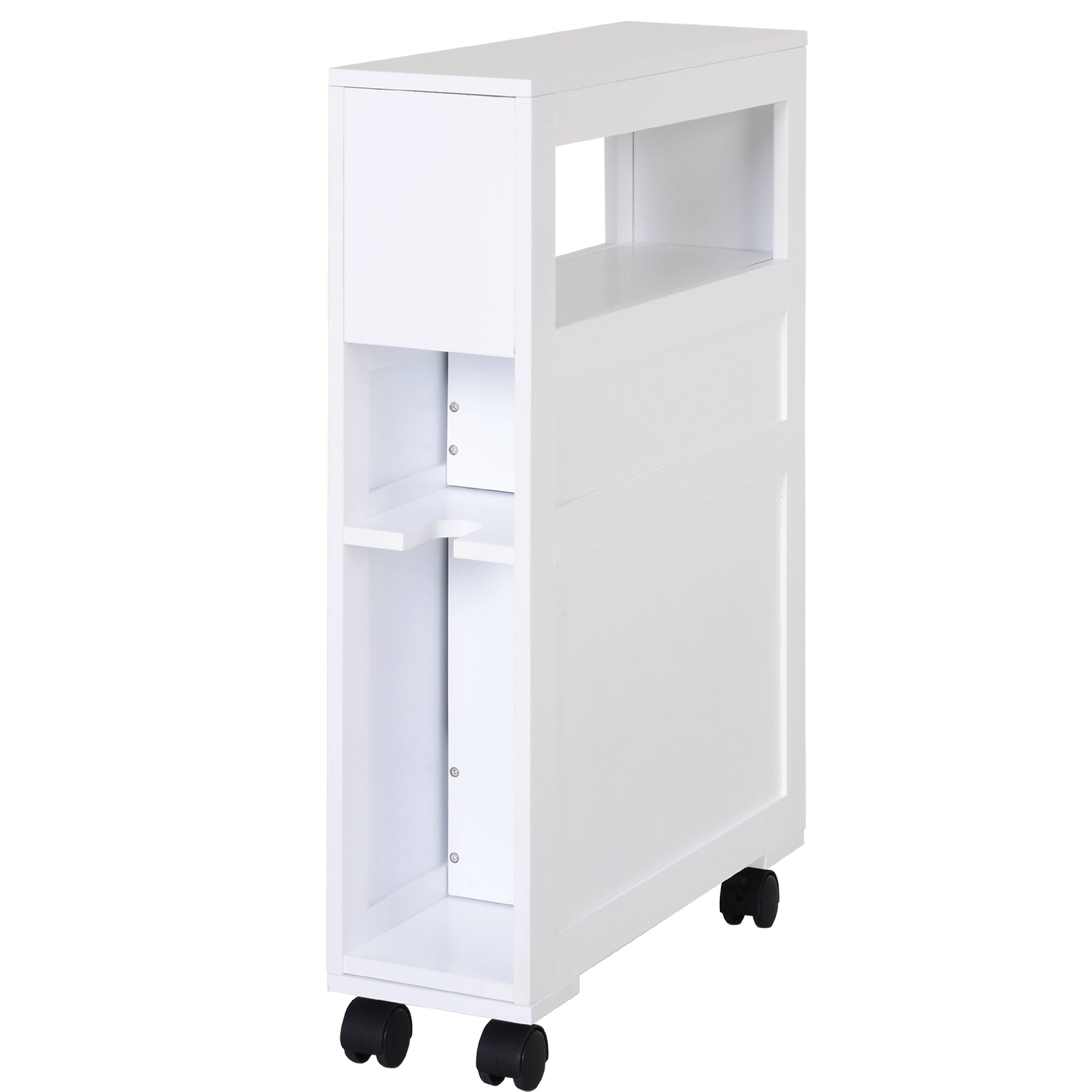 Wooden Rolling Narrow Bathroom Storage Side Cabinet w/ Slide-Out Shelf