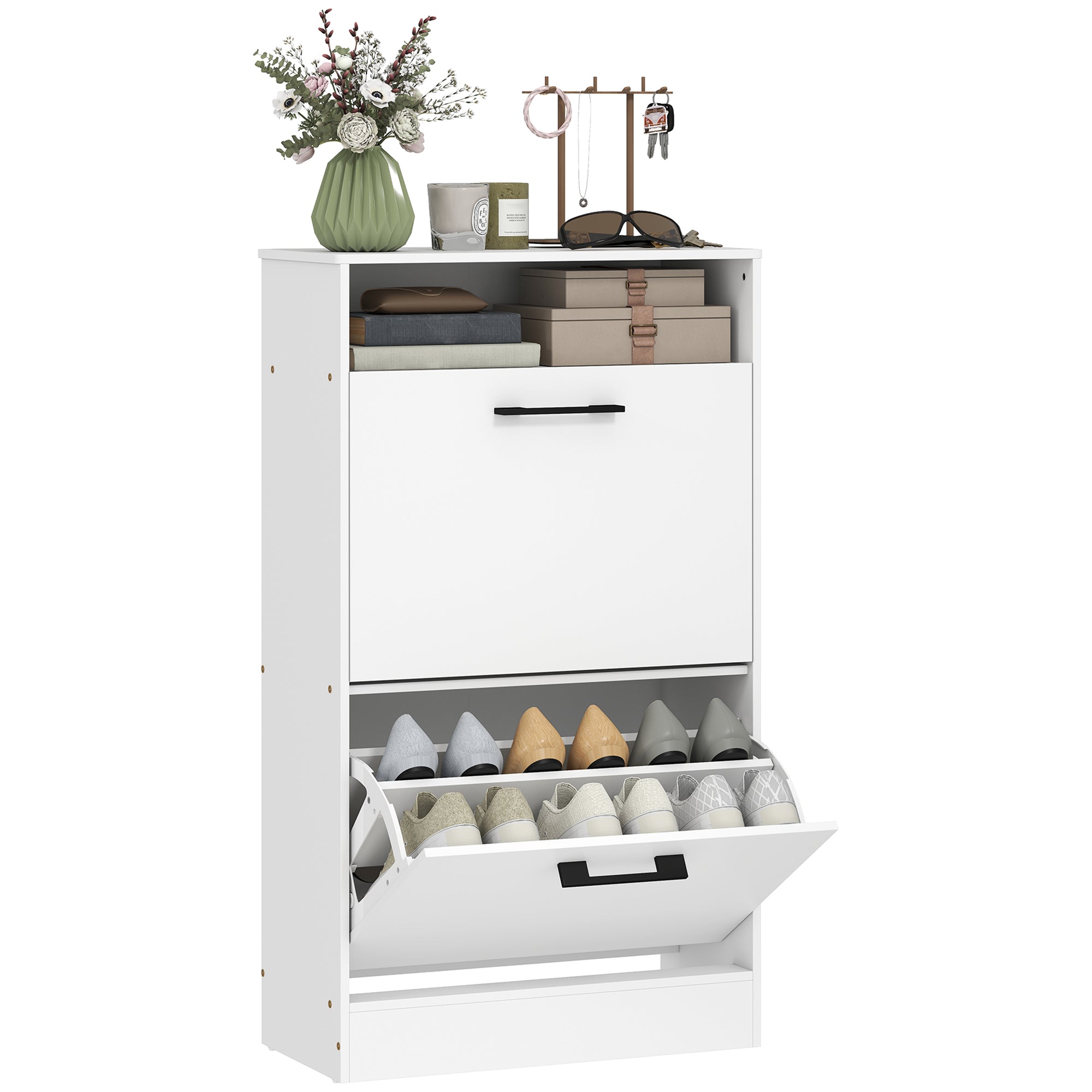 Shoe Cabinet with 2 Flip Drawers and Open Shelf, Narrow Shoe Storage Cabinet with Adjustable Dividers, Entryway Shoe Storage Unit for up to 12 Pairs for Hallway, White