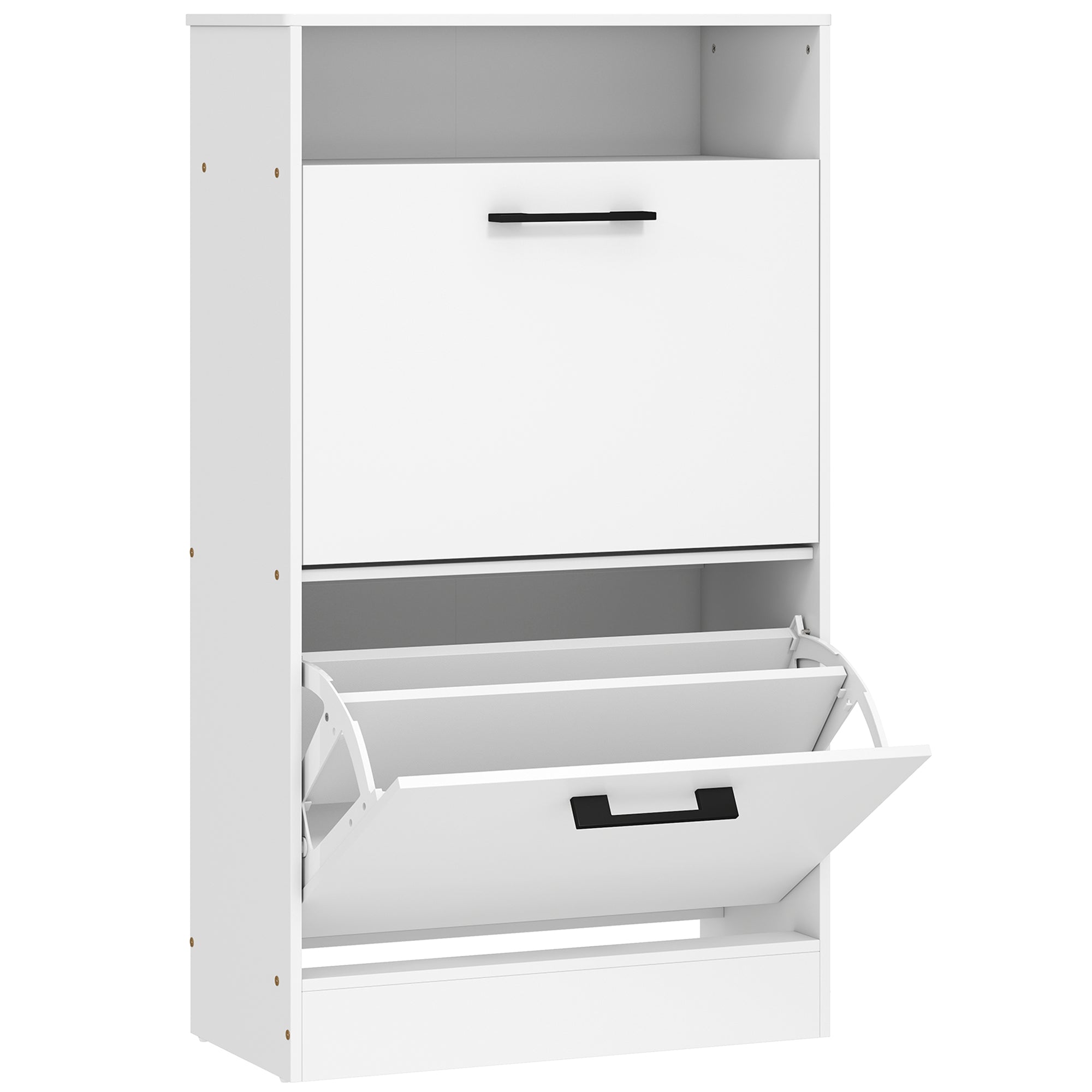 Shoe Cabinet with 2 Flip Drawers and Open Shelf, Narrow Shoe Storage Cabinet with Adjustable Dividers, Entryway Shoe Storage Unit for up to 12 Pairs for Hallway, White