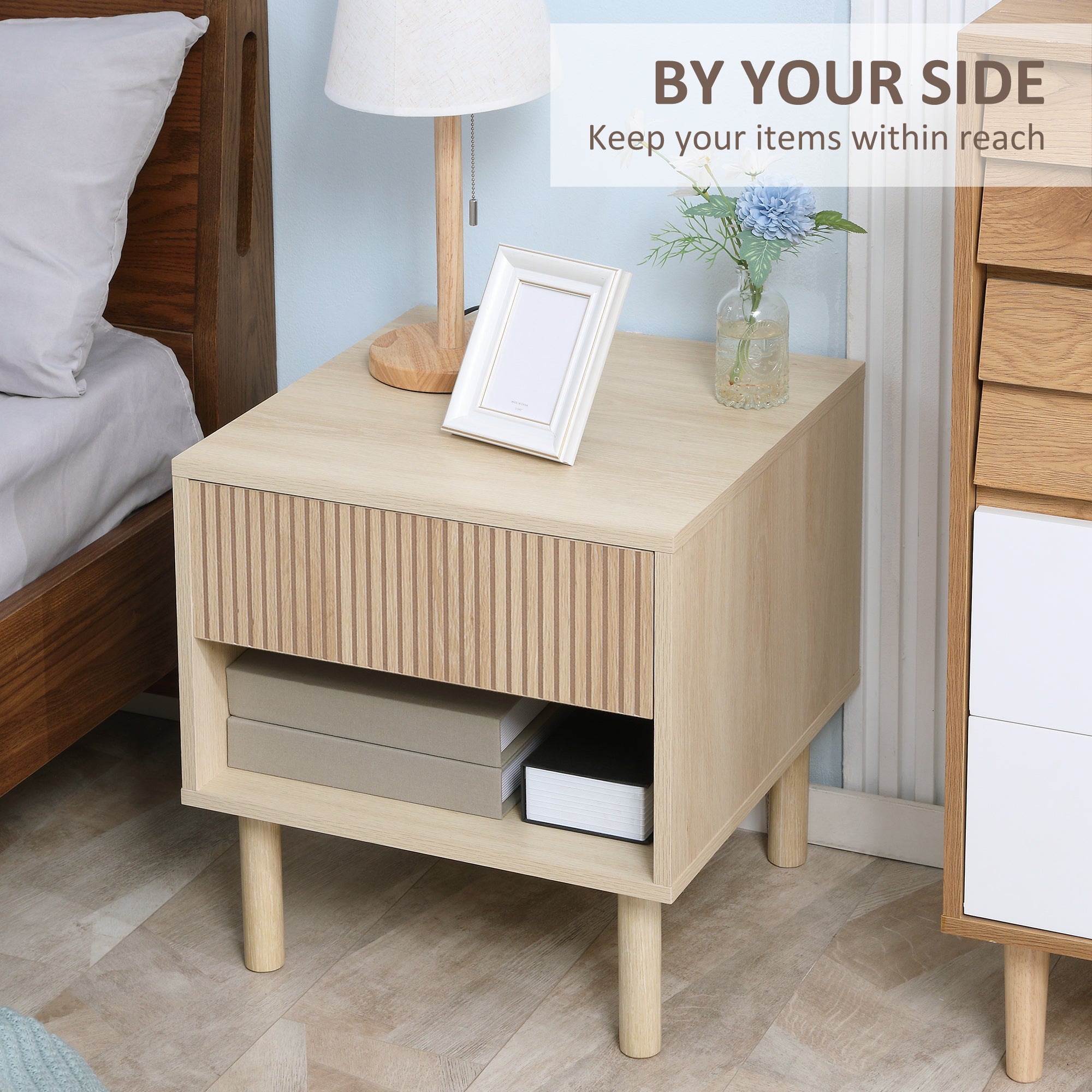 HOMCOM Modern Nightstand, Bedside Table with Drawer and Open Shelf, Side End Table for Bedroom, Natural Wood