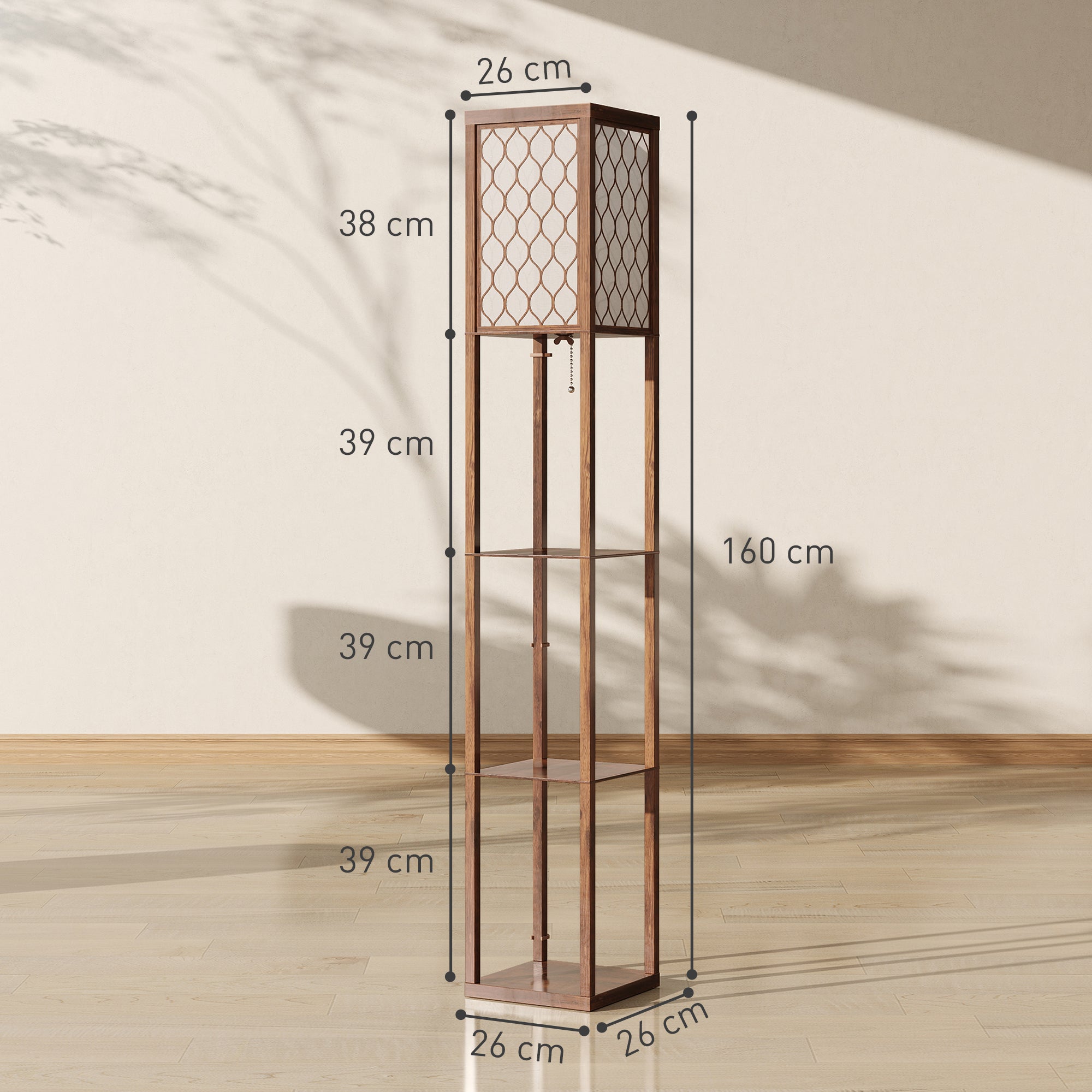 Floor Lamp with Shelves, Single Light, Modern Tall Standing Lamps for Living Room, Bedroom, with Chain Switch, Bulb not Included, Rustic Brown