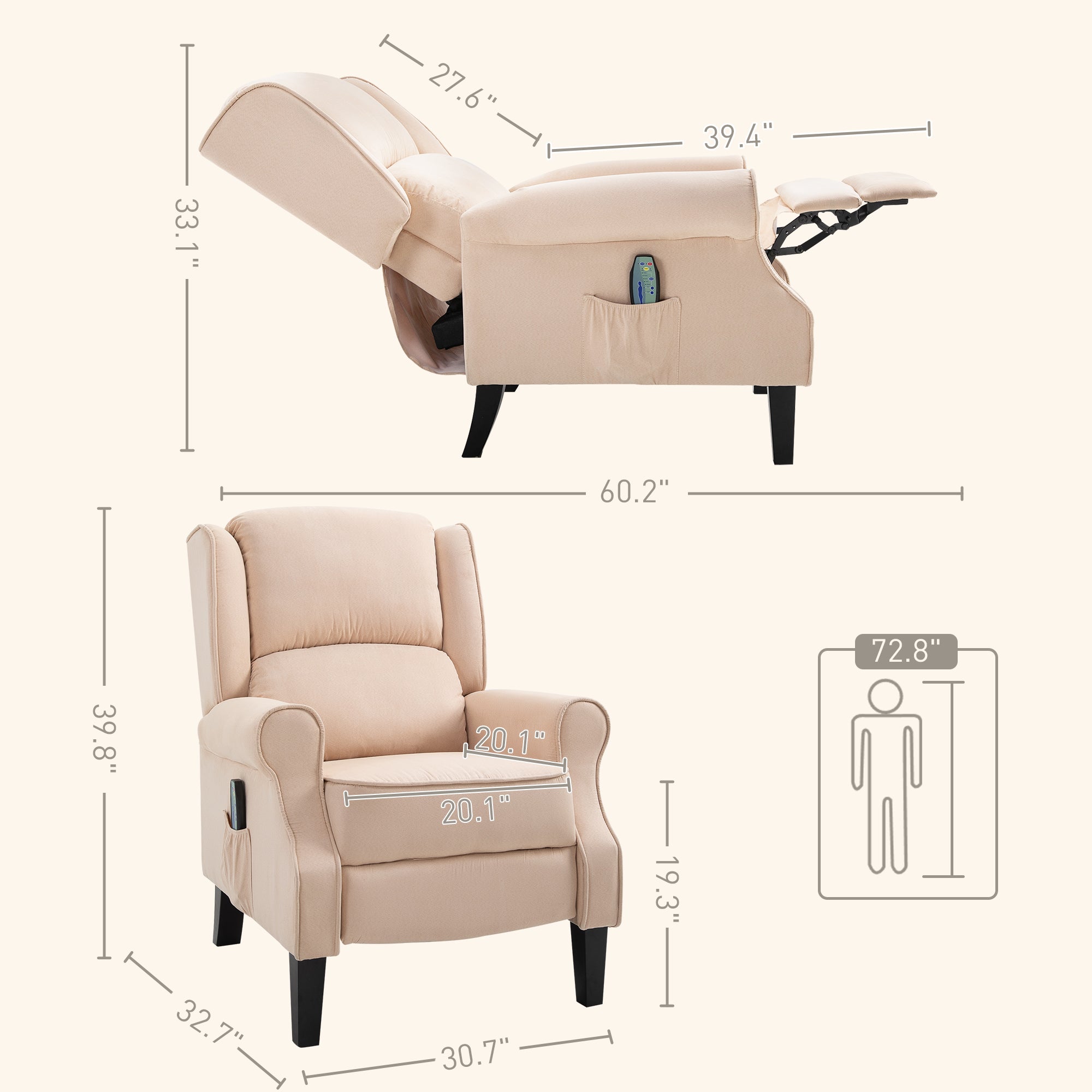 Recliner Chair for Living Room, Wingback Single Sofa with Vibration Massage, Heat, Push Back, Cream White