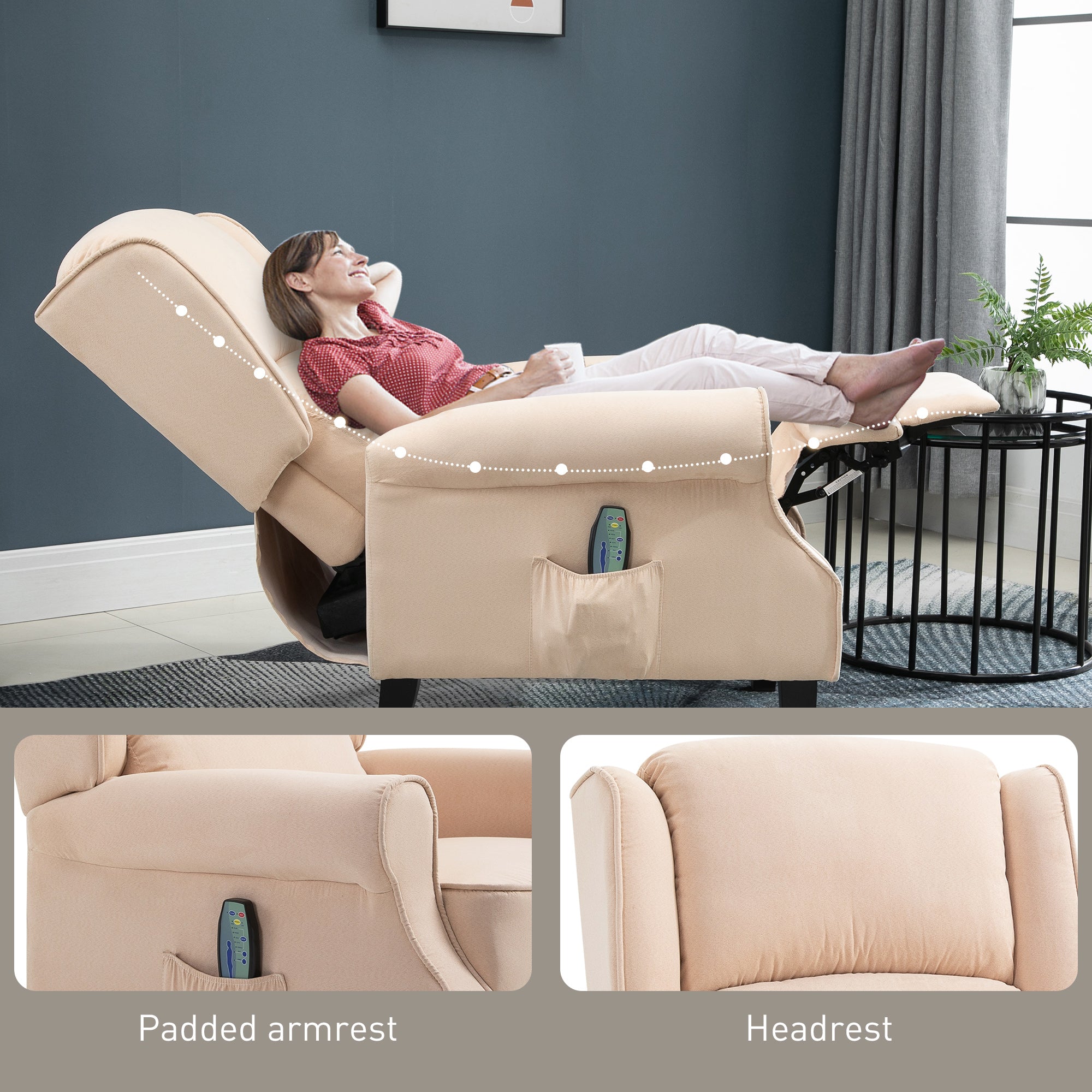 Recliner Chair for Living Room, Wingback Single Sofa with Vibration Massage, Heat, Push Back, Cream White