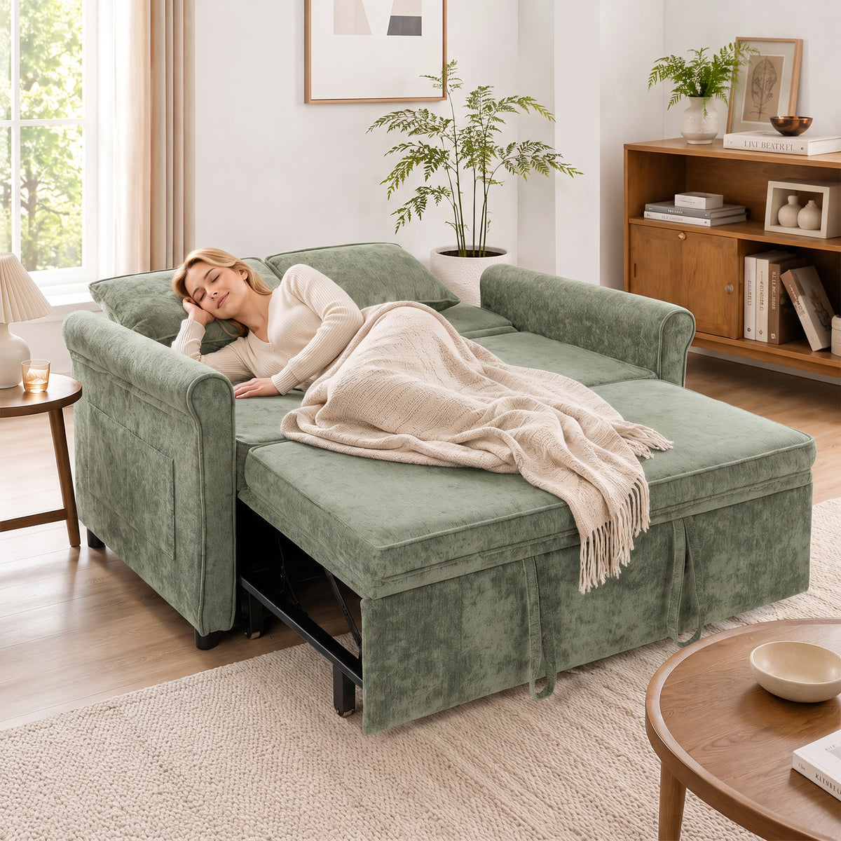 2 Seater Sofa Bed, 3-in-1 Convertible Pull Out Double Sleeper Sofa 190 x 130 cm, 5-Position Adjustable Backrest, Chenille Loveseat Bed Settee for Living Room, Bedroom, Guest Room, Light Green