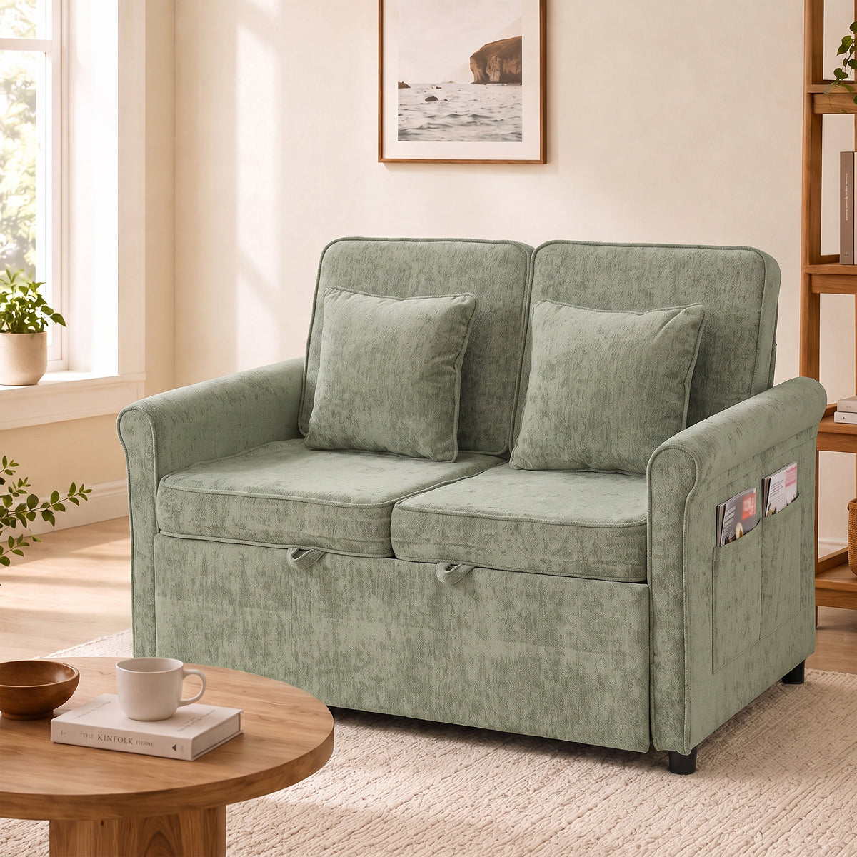 2 Seater Sofa Bed, 3-in-1 Convertible Pull Out Double Sleeper Sofa 190 x 130 cm, 5-Position Adjustable Backrest, Chenille Loveseat Bed Settee for Living Room, Bedroom, Guest Room, Light Green