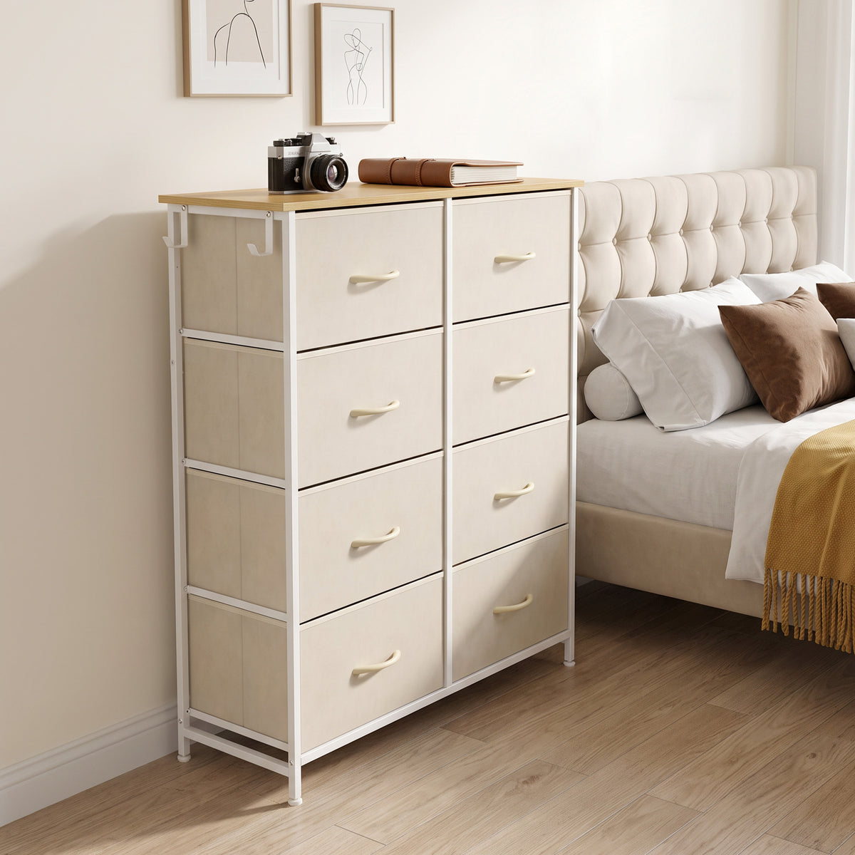 Chest of Drawers, Dresser for Bedroom with 8 Fabric Drawers, Tall Storage Unit with 4 Pockets, 2 Hooks and Steel Frame for Living Room, Hallway, Beige
