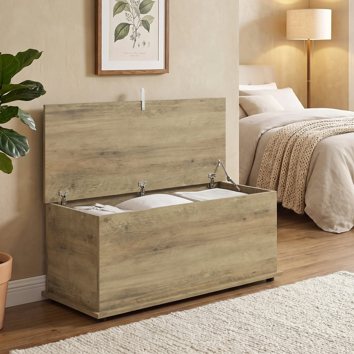 Storage Chest, Large 114L Blanket Box, Shoe Bench with Safety Hinged Lid, Storage Trunk, Bed End Bench for Bedroom, Hallway, Living room, Playroom, 100 x 40 x 40cm, Grey Wood Effect