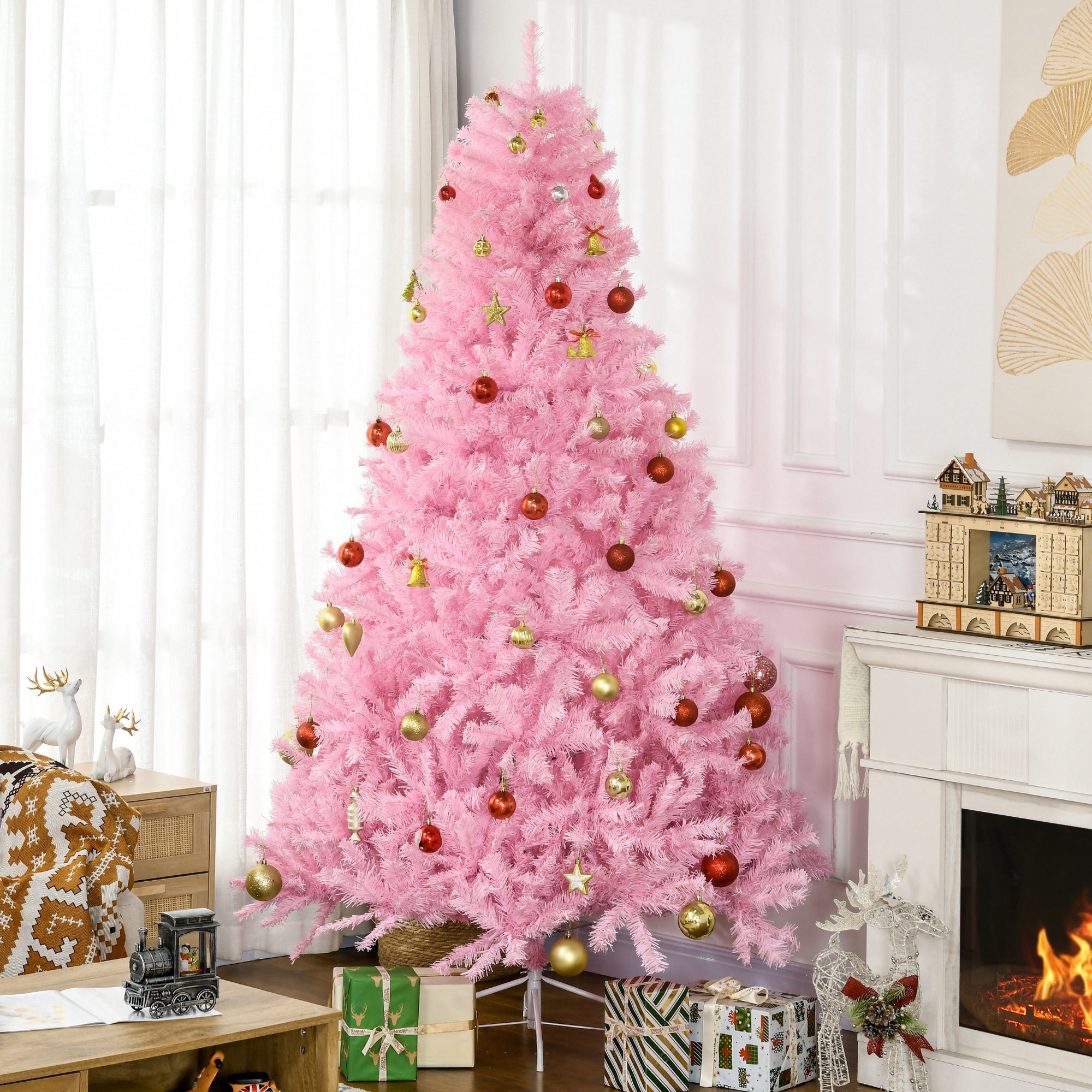 7' Artificial Pink Christmas Trees, with Auto Open, Steel Base, Wide Shape for Indoor Xmas Decoration