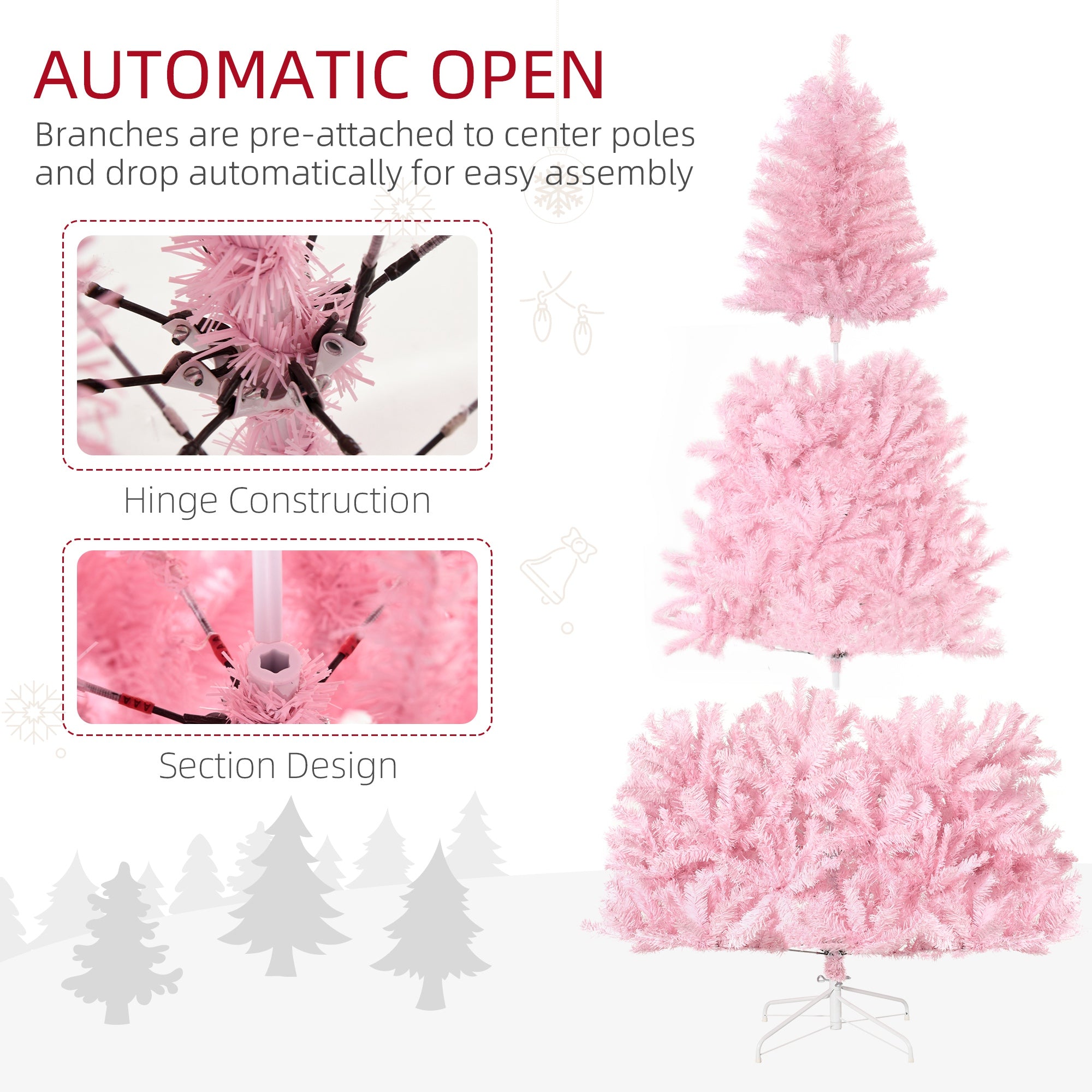 7' Artificial Pink Christmas Trees, with Auto Open, Steel Base, Wide Shape for Indoor Xmas Decoration