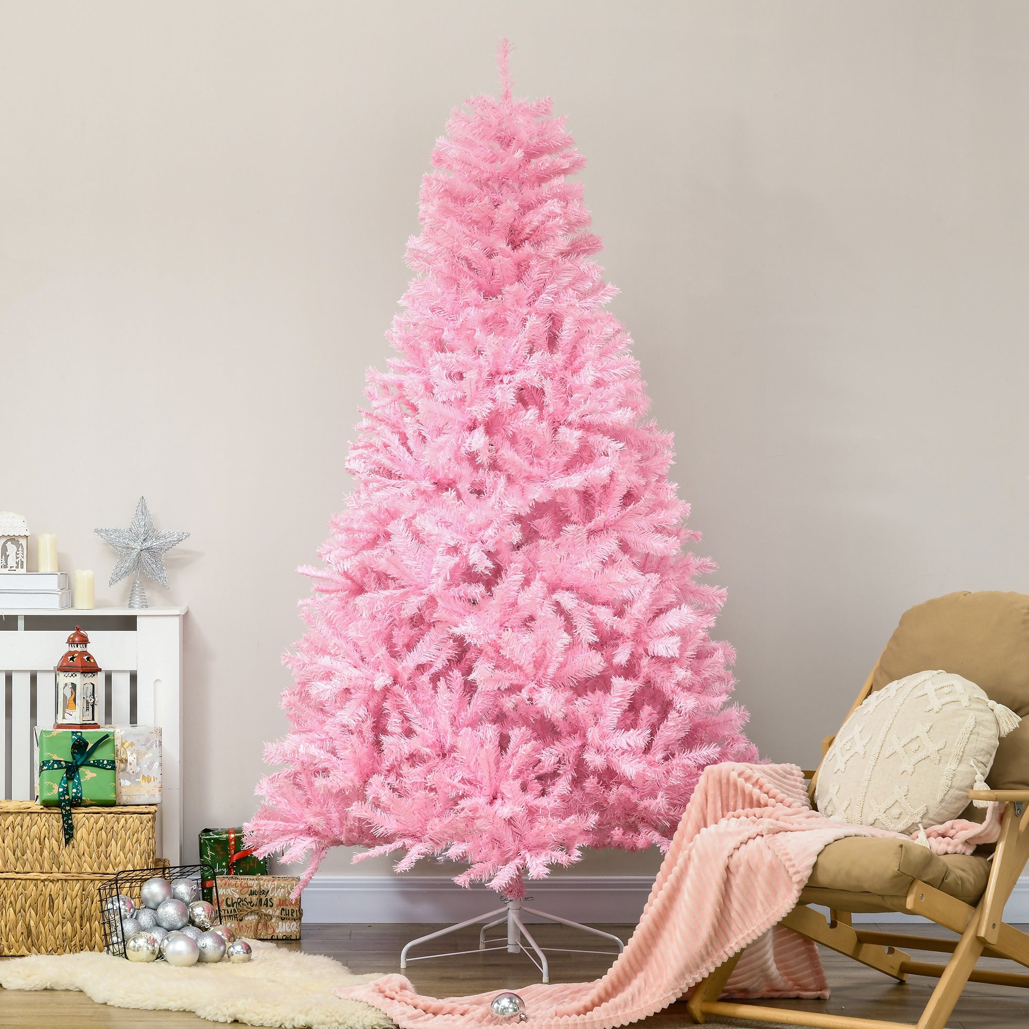 7' Artificial Pink Christmas Trees, with Auto Open, Steel Base, Wide Shape for Indoor Xmas Decoration