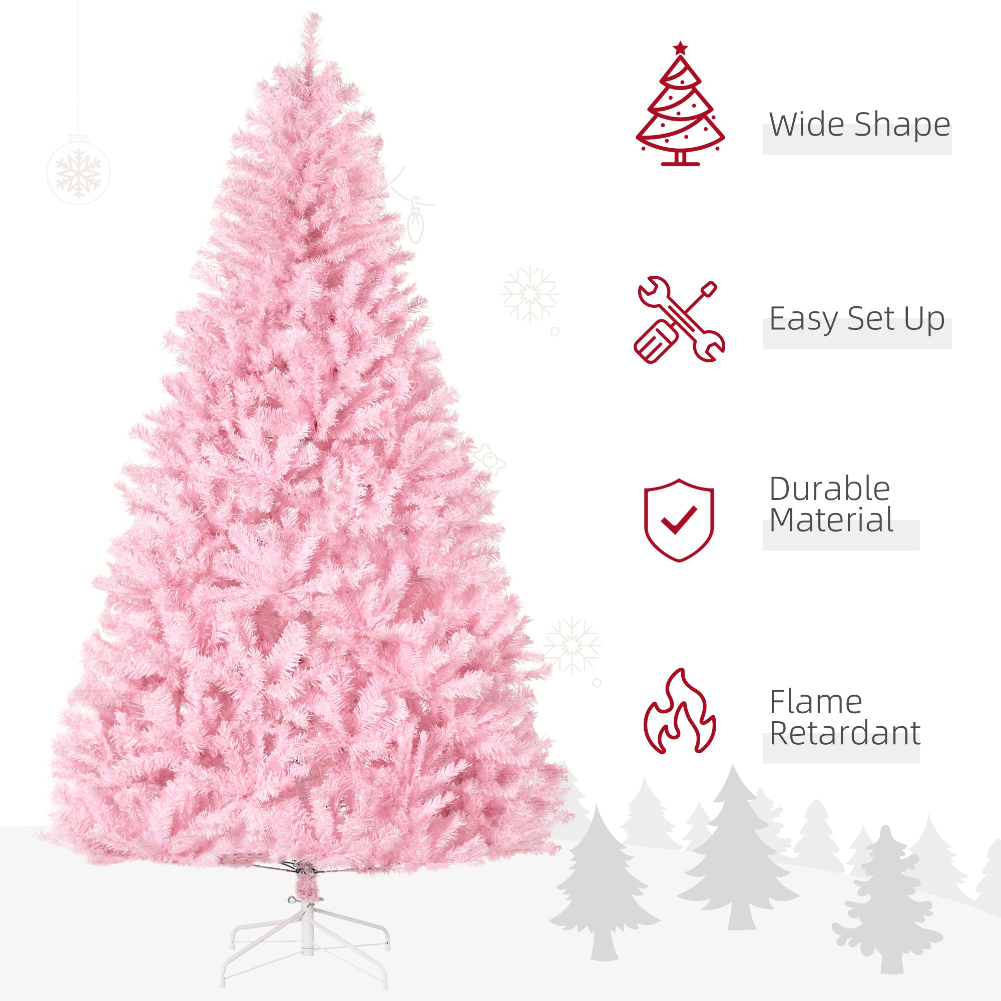 7' Artificial Pink Christmas Trees, with Auto Open, Steel Base, Wide Shape for Indoor Xmas Decoration