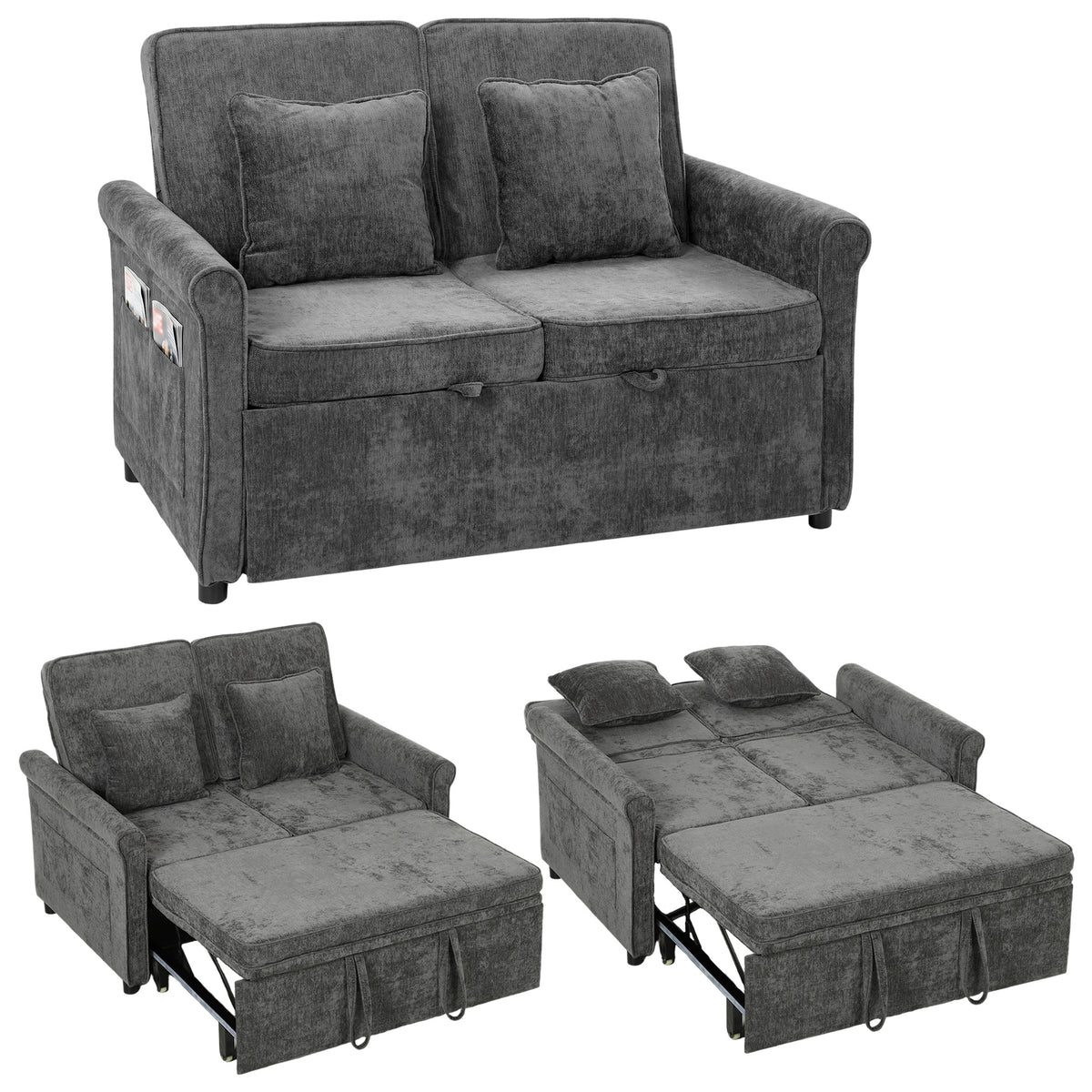 2 Seater Sofa Bed, 3-in-1 Convertible Pull Out Double Sleeper Sofa 190 x 130 cm, 5-Position Adjustable Backrest, Chenille Loveseat Bed Settee for Living Room, Bedroom, Guest Room, Grey