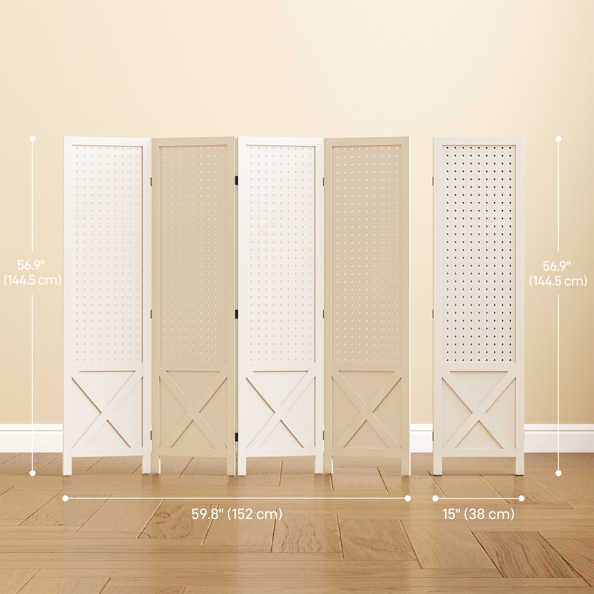 4 Panel Pegboard Display Room Divider, 56.9" Tall Wood Indoor Portable Folding Privacy Screen, Partition Wall Divider for Bedroom, White