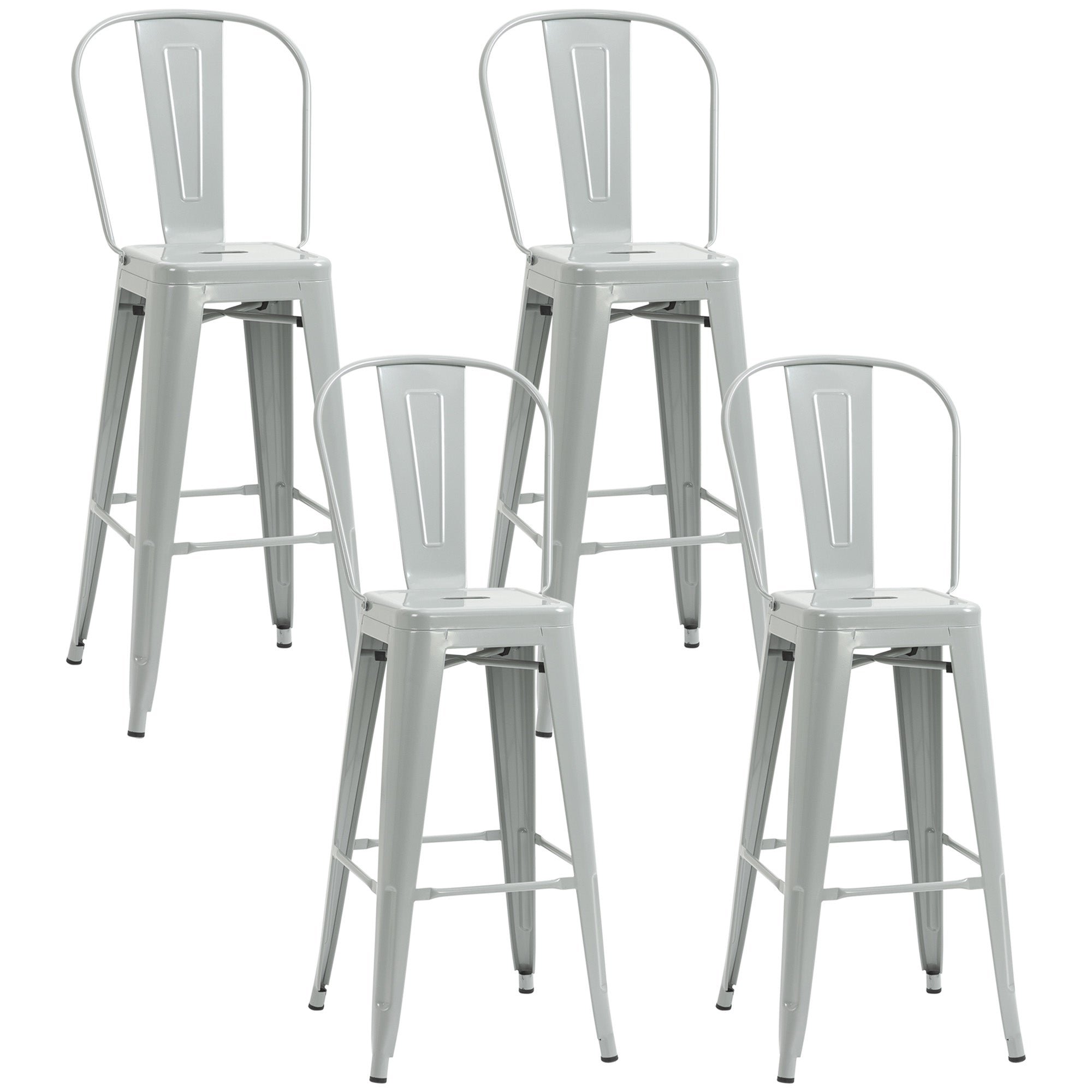 HOMCOM 30" Metal Bar Stools, Set of 4 Stacking Stools, Bar Height Kitchen Stools, Metal Chair with Removable Back for Kitchen Island, Pub, Bistro Café, Silver Grey