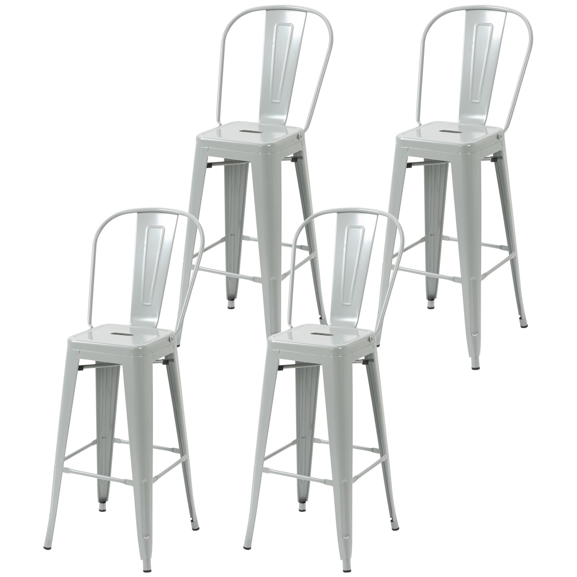 HOMCOM 30" Metal Bar Stools, Set of 4 Stacking Stools, Bar Height Kitchen Stools, Metal Chair with Removable Back for Kitchen Island, Pub, Bistro Café, Silver Grey