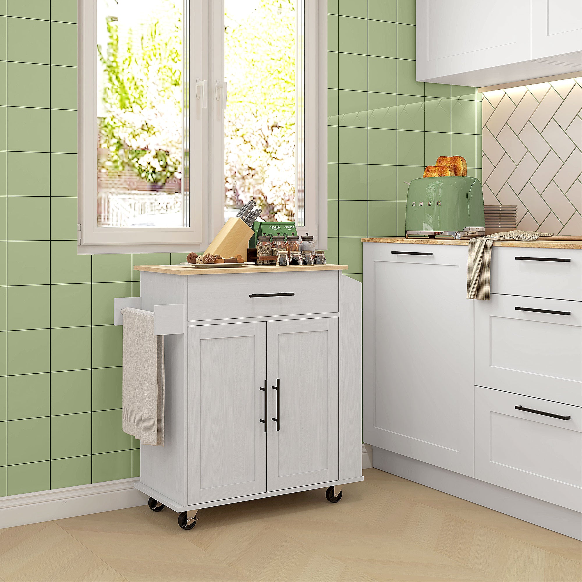 HOMCOM Kitchen Island on Wheels with Power Outlet, Rolling Kitchen Cart with Storage Drawer, Portable Microwave Stand with Cabinet, Towel Rack and Spice Rack (White)
