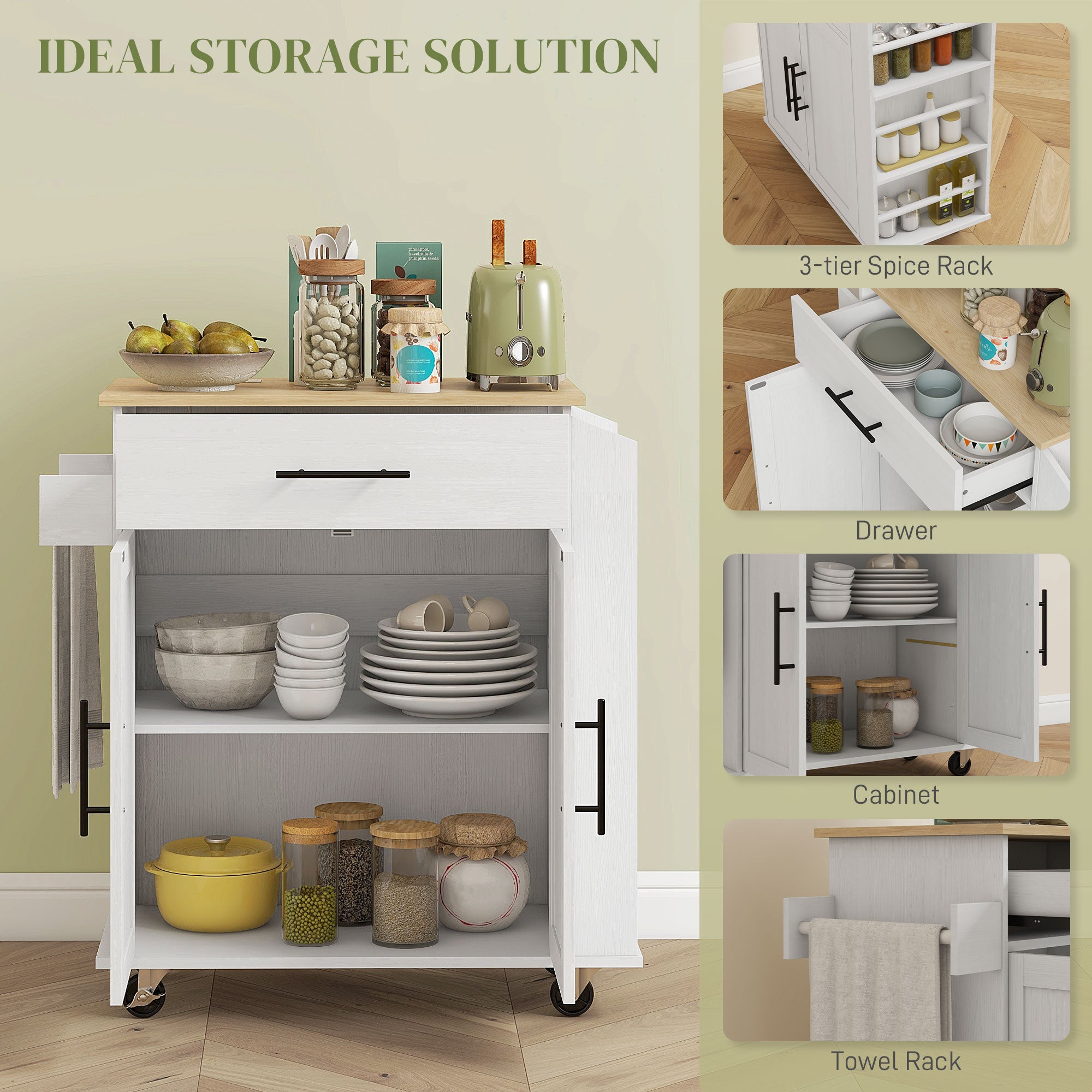 HOMCOM Kitchen Island on Wheels with Power Outlet, Rolling Kitchen Cart with Storage Drawer, Portable Microwave Stand with Cabinet, Towel Rack and Spice Rack (White)
