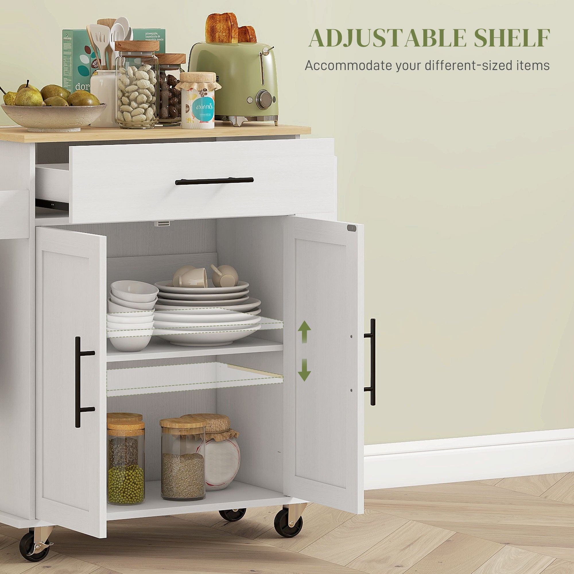 HOMCOM Kitchen Island on Wheels with Power Outlet, Rolling Kitchen Cart with Storage Drawer, Portable Microwave Stand with Cabinet, Towel Rack and Spice Rack (White)