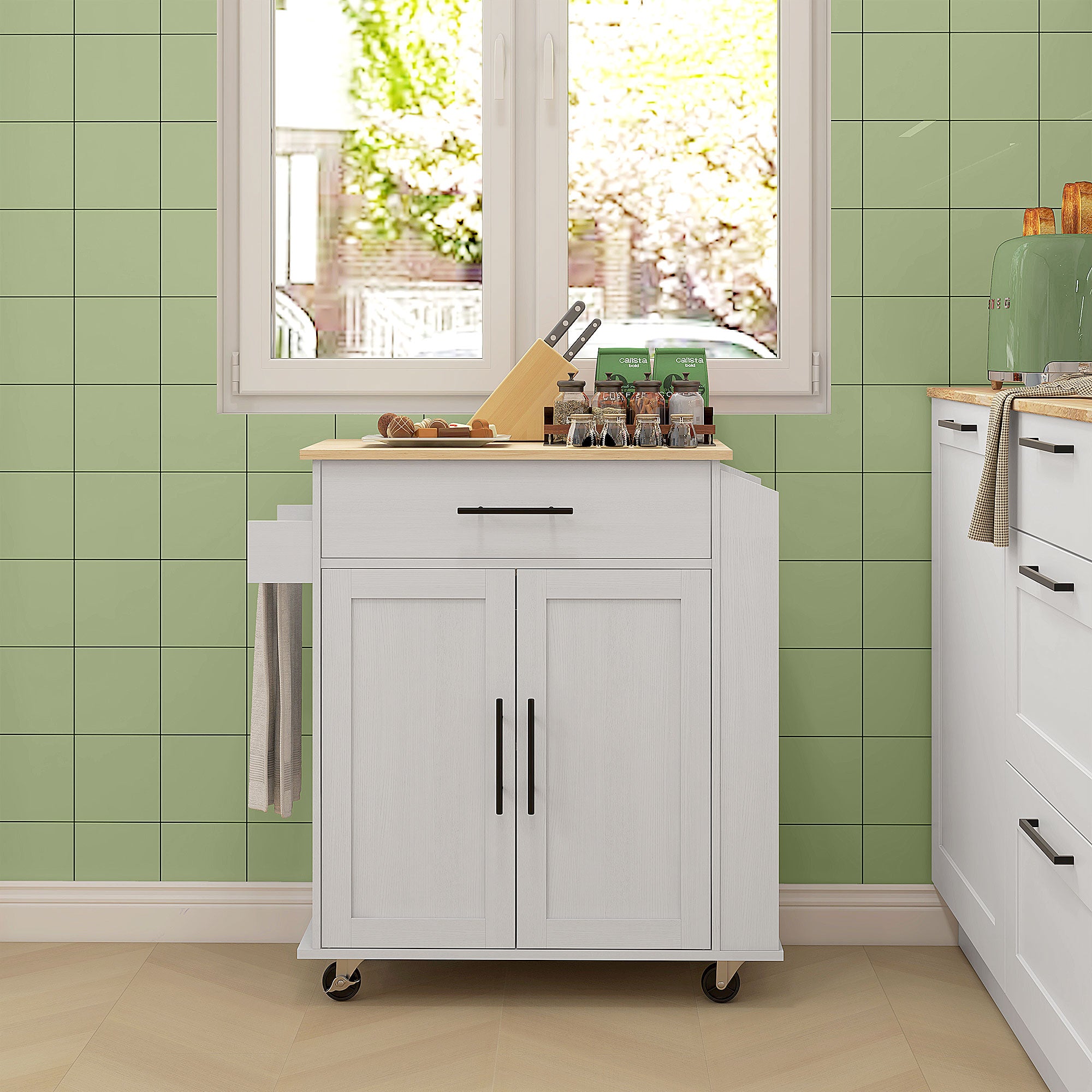 HOMCOM Kitchen Island on Wheels with Power Outlet, Rolling Kitchen Cart with Storage Drawer, Portable Microwave Stand with Cabinet, Towel Rack and Spice Rack (White)