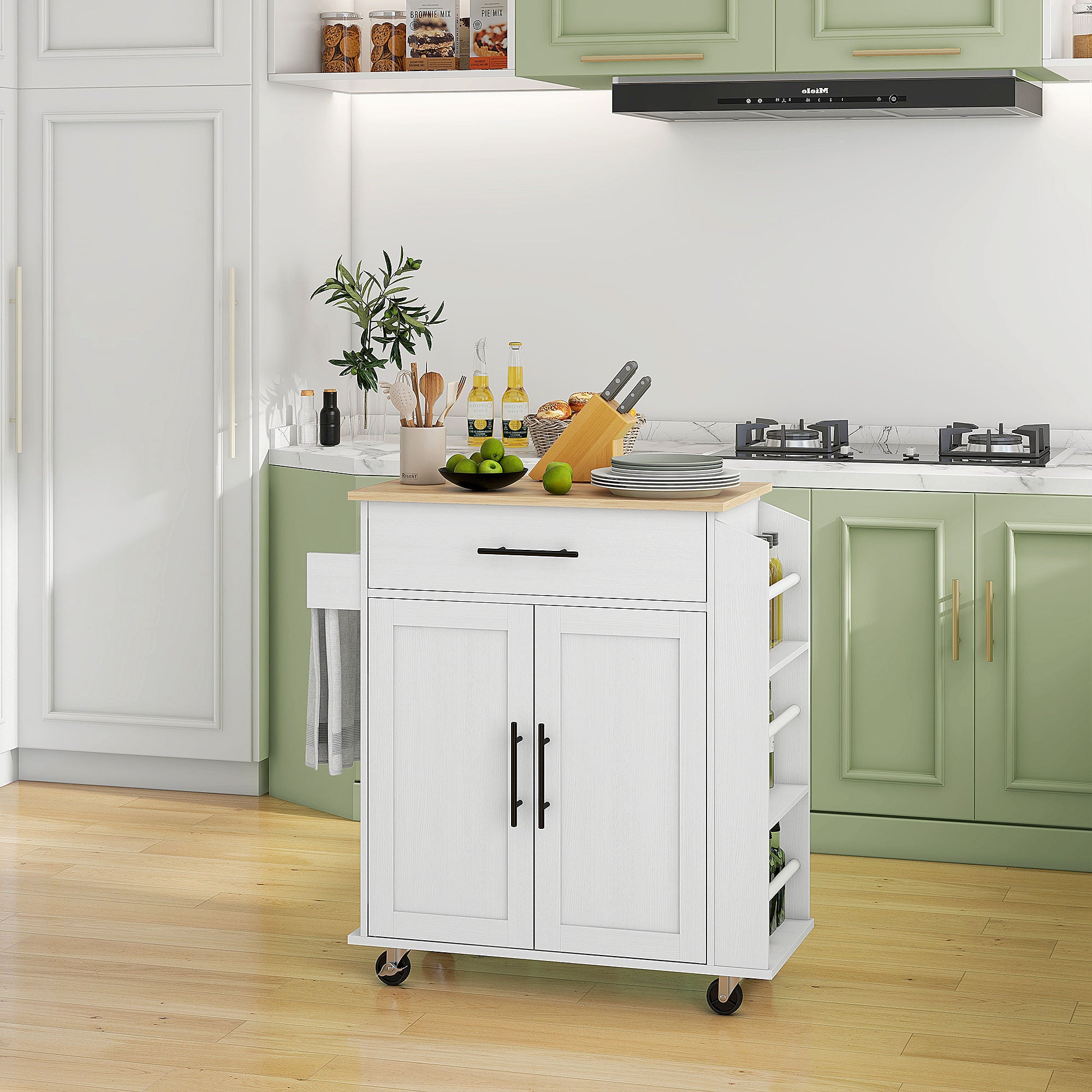 HOMCOM Kitchen Island on Wheels with Power Outlet, Rolling Kitchen Cart with Storage Drawer, Portable Microwave Stand with Cabinet, Towel Rack and Spice Rack (White)