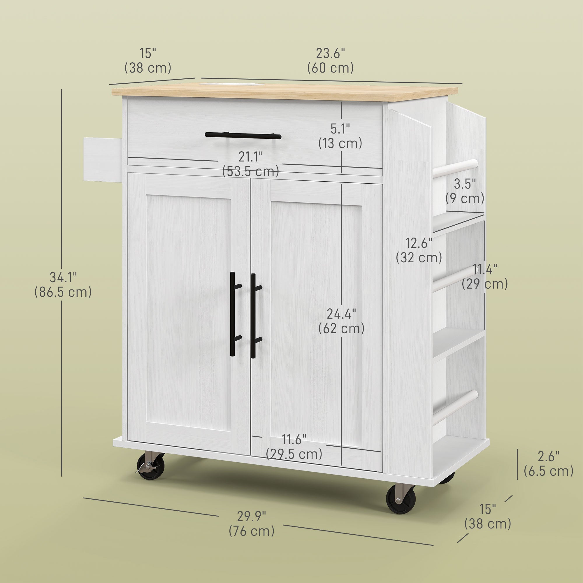 HOMCOM Kitchen Island on Wheels with Power Outlet, Rolling Kitchen Cart with Storage Drawer, Portable Microwave Stand with Cabinet, Towel Rack and Spice Rack (White)