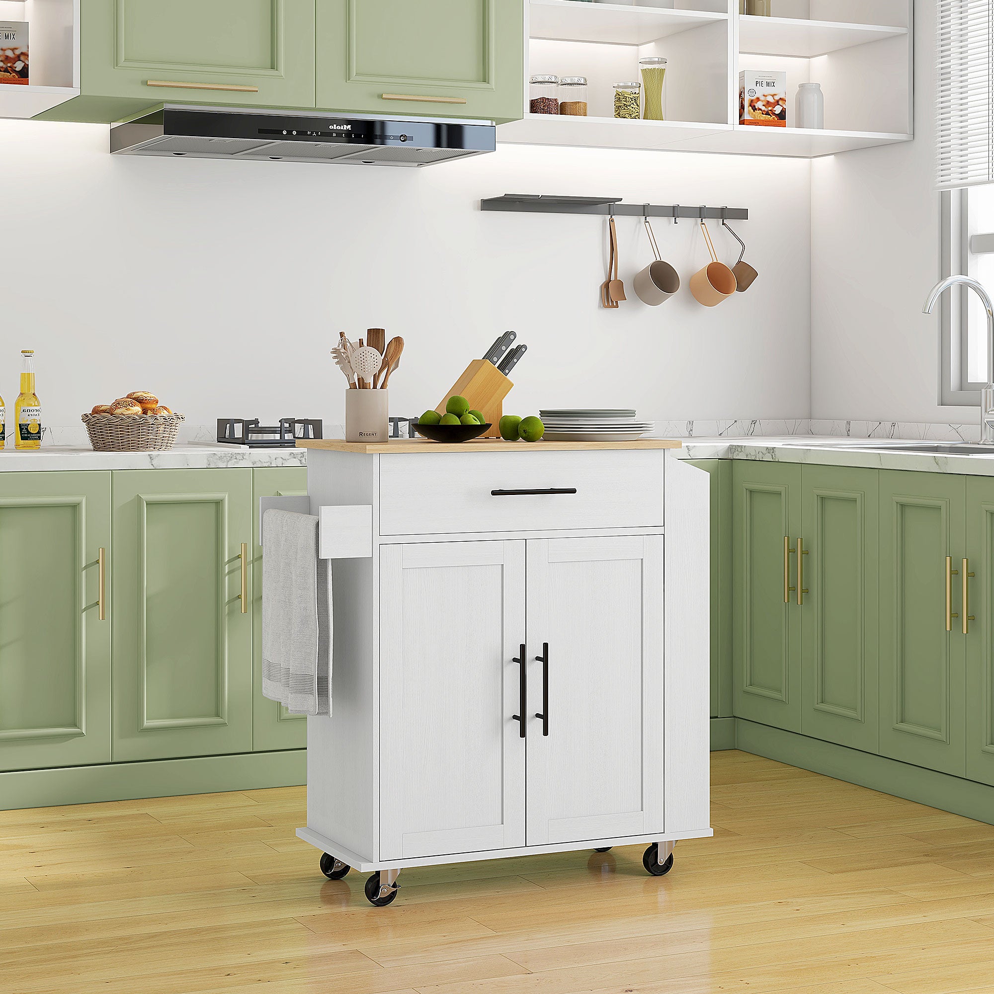 HOMCOM Kitchen Island on Wheels with Power Outlet, Rolling Kitchen Cart with Storage Drawer, Portable Microwave Stand with Cabinet, Towel Rack and Spice Rack (White)