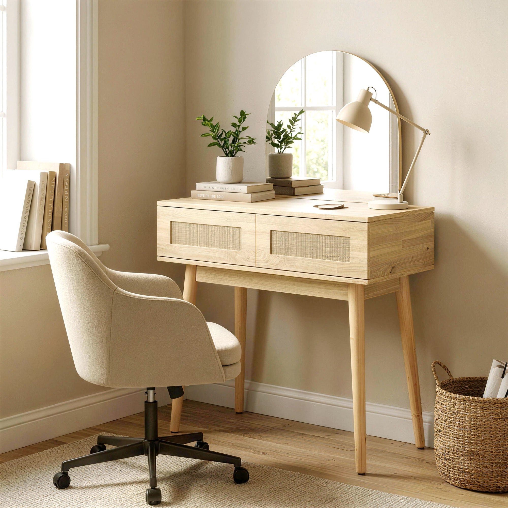 Vanity Desk with Arched Mirror, Modern Compact Makeup Vanity with 2 Drawers, Dressing Table for Bedroom, Natural Wood