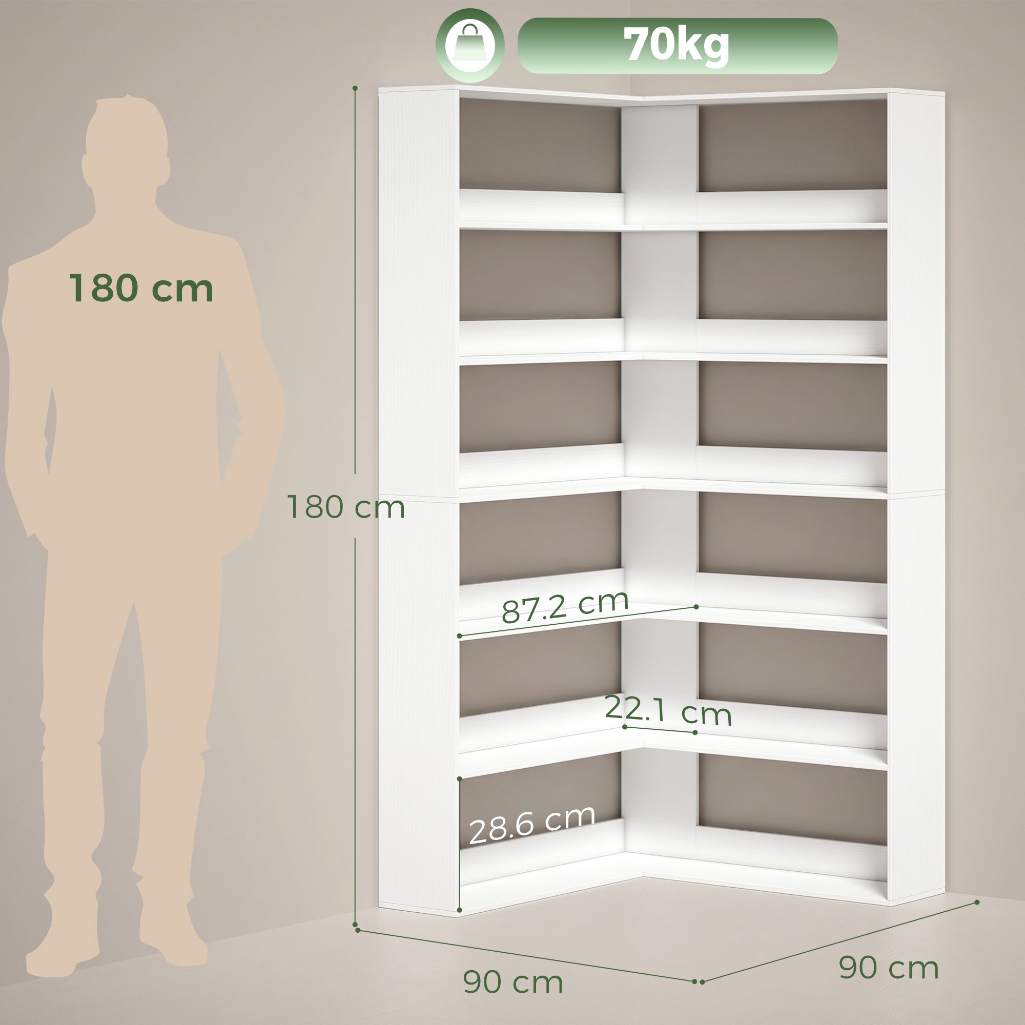 7 Tiers Corner Bookshelf, L-Shaped Bookcase with Anti-Slip Rear Guard, Storage Shelves for Living Room, Bedroom and Home Office, 90W x 90D x 180H cm, White Wood Effect