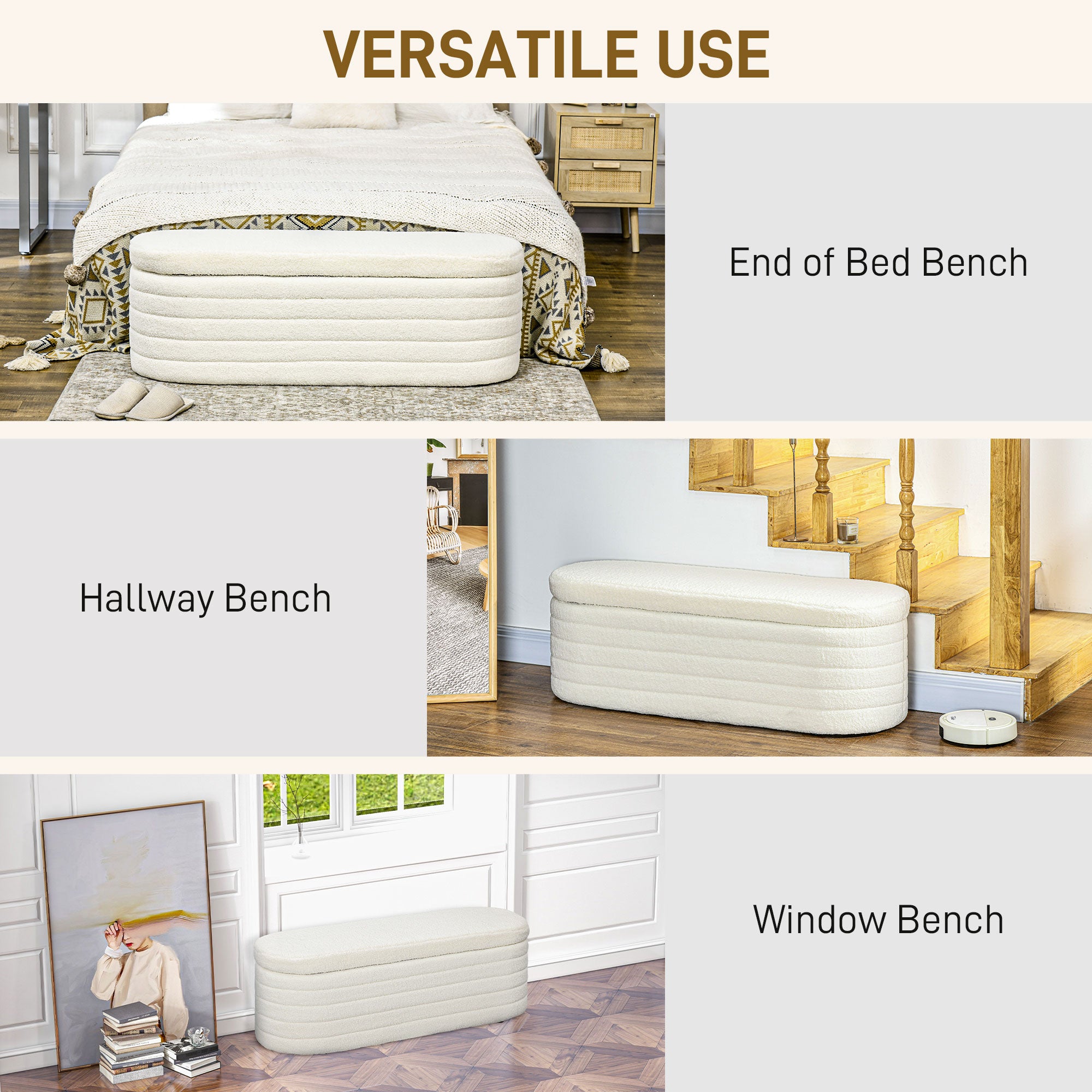 46" Teddy Fleece Upholstered Bedroom Bench, End of Bed Bench with Thick Padded Cushion and Wood Frame, Cream White