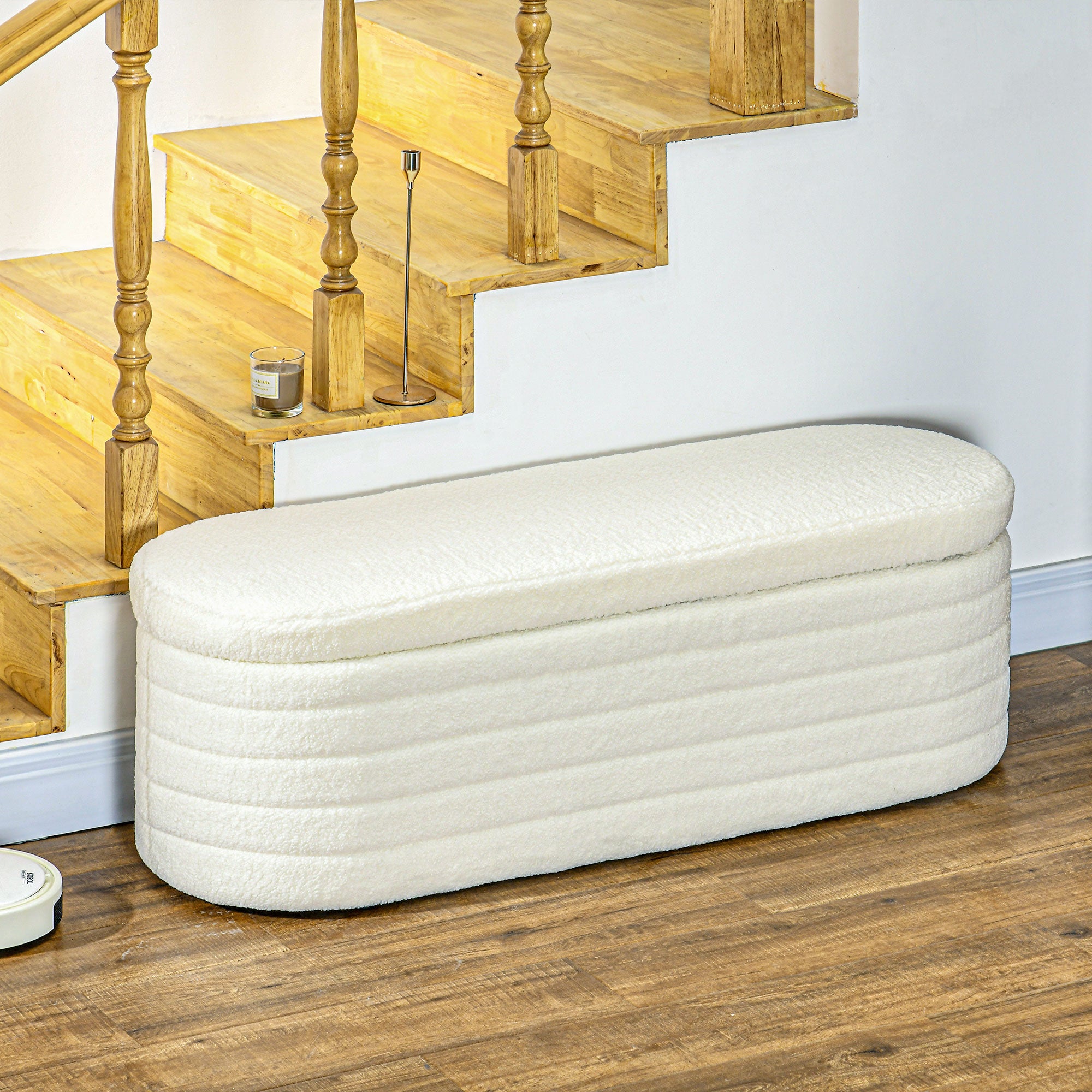 46" Teddy Fleece Upholstered Bedroom Bench, End of Bed Bench with Thick Padded Cushion and Wood Frame, Cream White