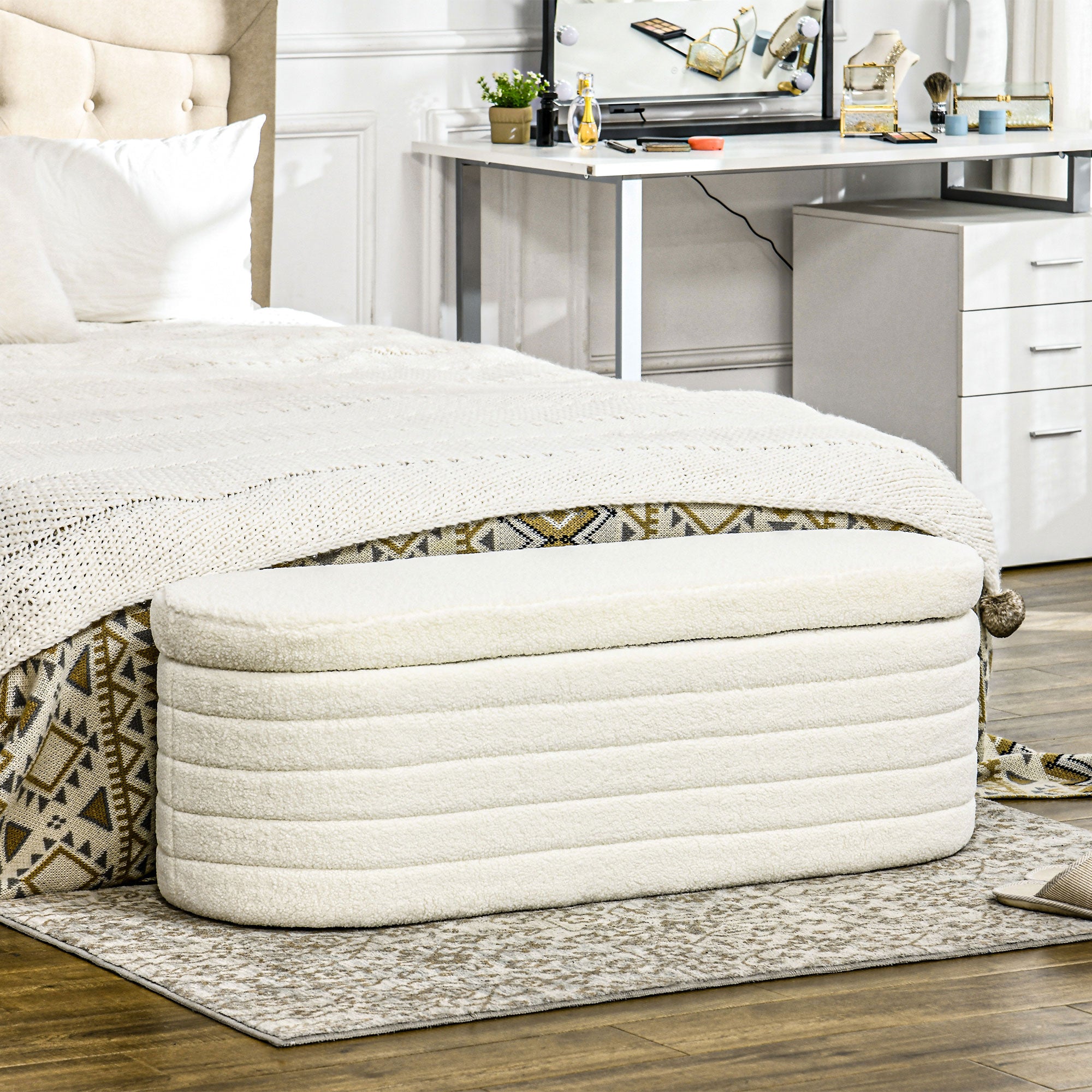 46" Teddy Fleece Upholstered Bedroom Bench, End of Bed Bench with Thick Padded Cushion and Wood Frame, Cream White