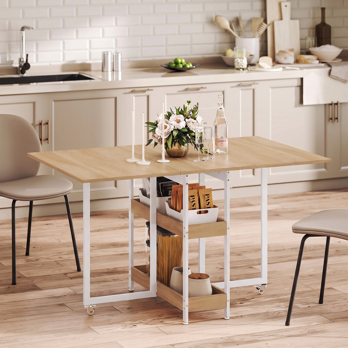 Folding Dining Table for 4, Space-Saving Drop-Leaf Kitchen Table with Storage Shelves and Wheels for Small Spaces, Dining Room or Kitchen, Natural
