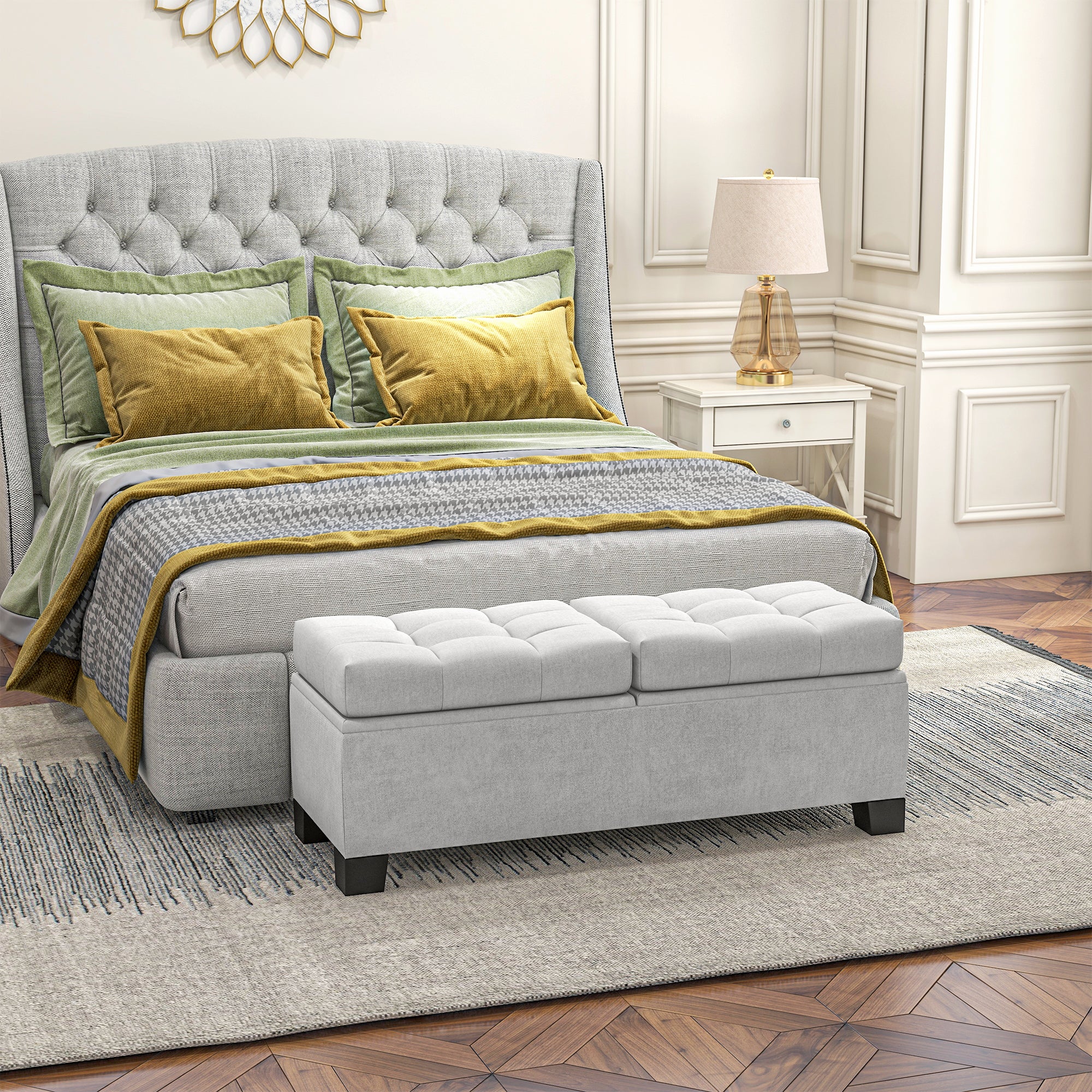 46" Storage Ottoman Bench, Upholstered End of Bed Bench with Steel Frame, Button Tufted Storage Bench Cream