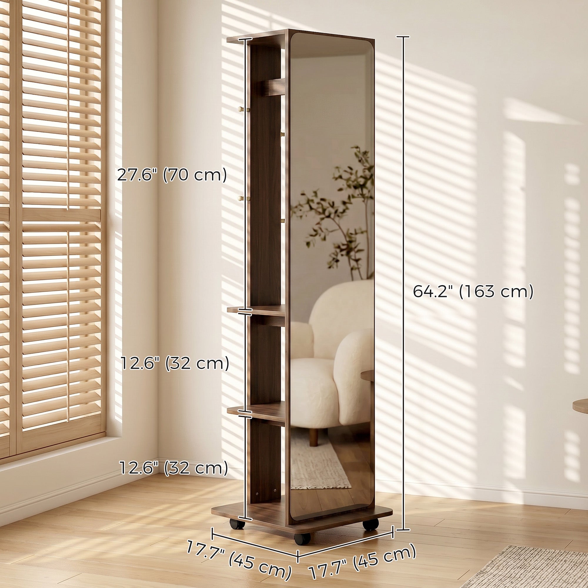 15" x 62" Full Length Mirror, Tempered Glass Floor Mirror on Wheels with Storage Shelves, Coat Hangers for Bedroom, Living Room, Brown Wood Grain