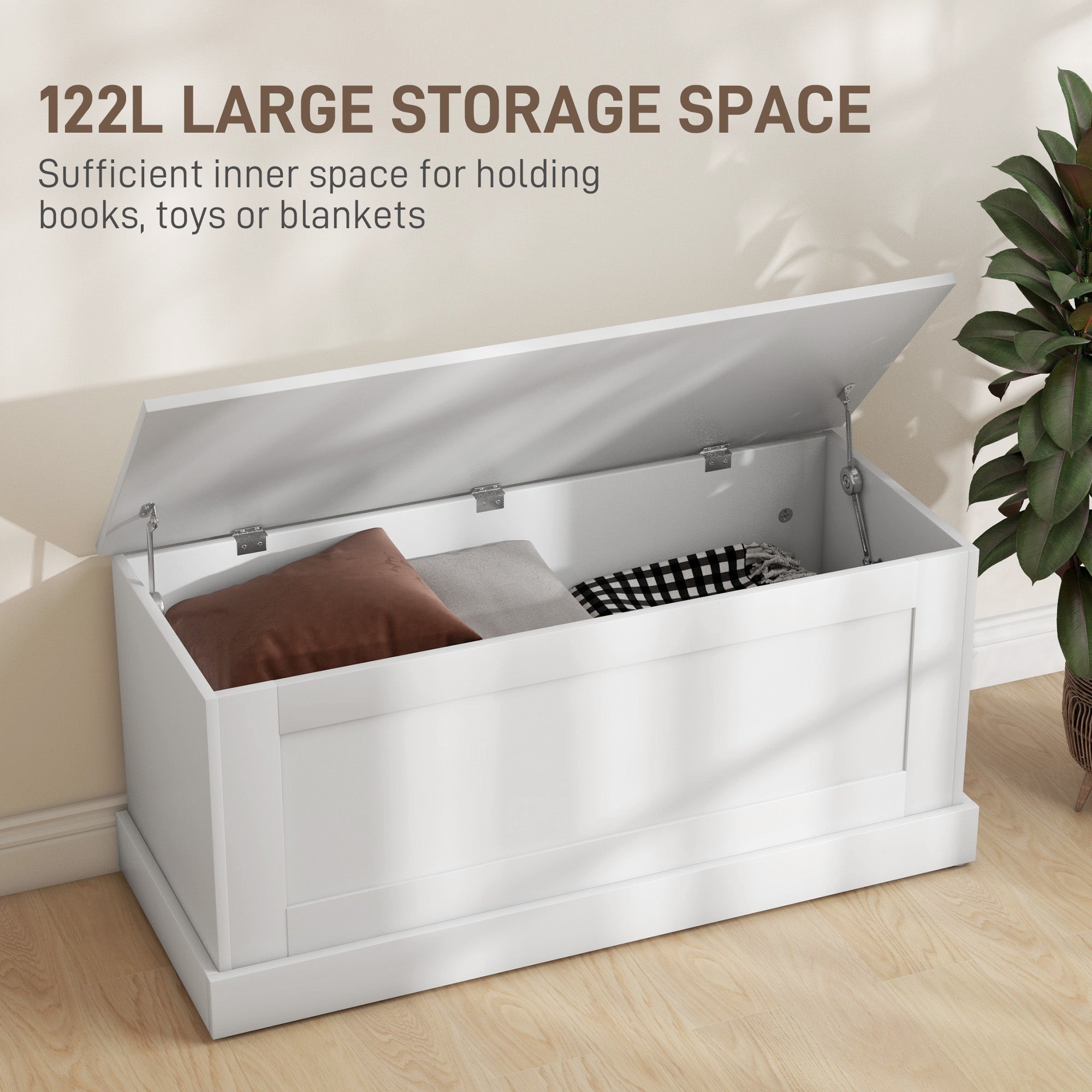 HOMCOM Storage Chest, Storage Trunk with Safety Hinge, Wooden Box for Living Room, Entryway, 39.4" x 15.7" x 17.7", White Wood Grain