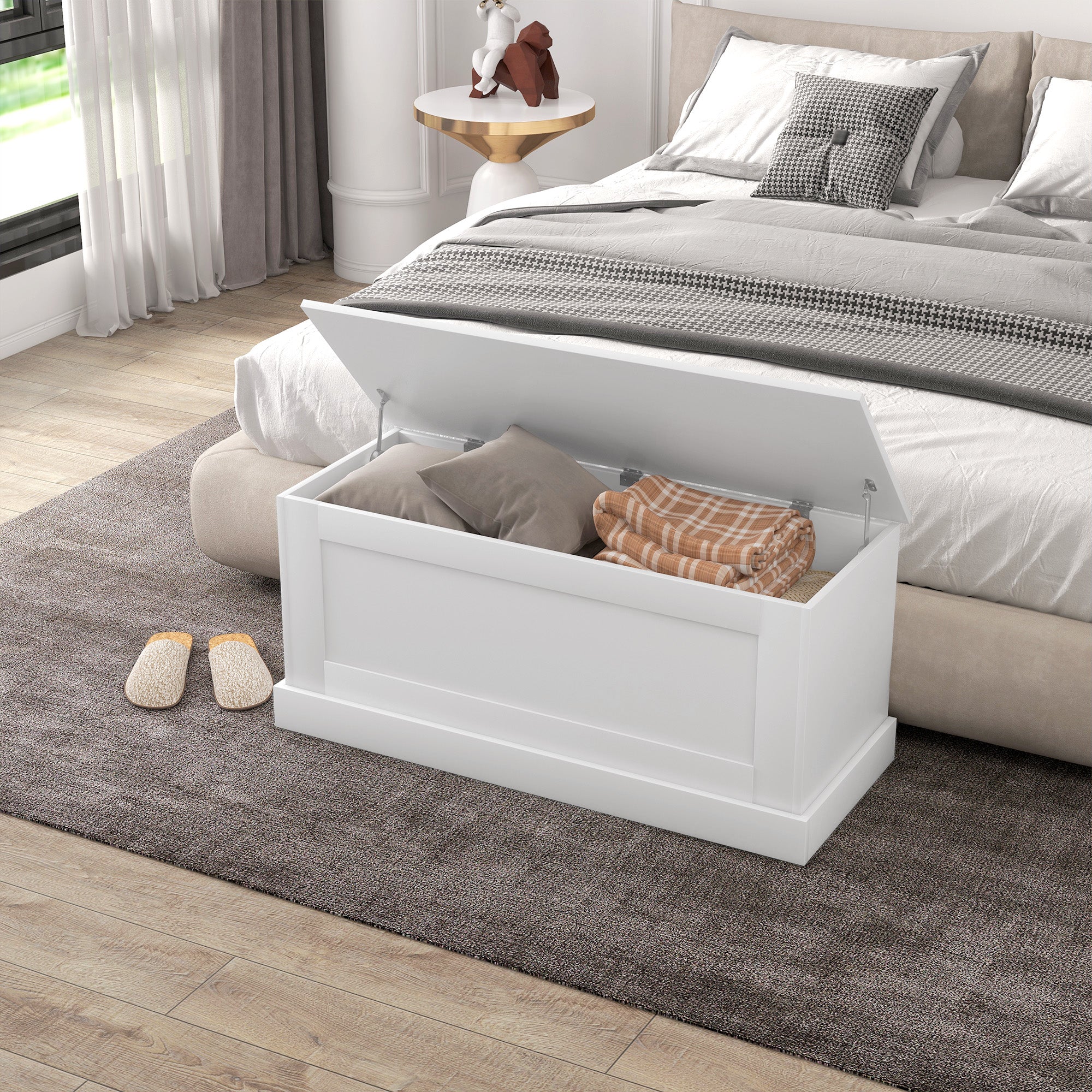 HOMCOM Storage Chest, Storage Trunk with Safety Hinge, Wooden Box for Living Room, Entryway, 39.4" x 15.7" x 17.7", White Wood Grain