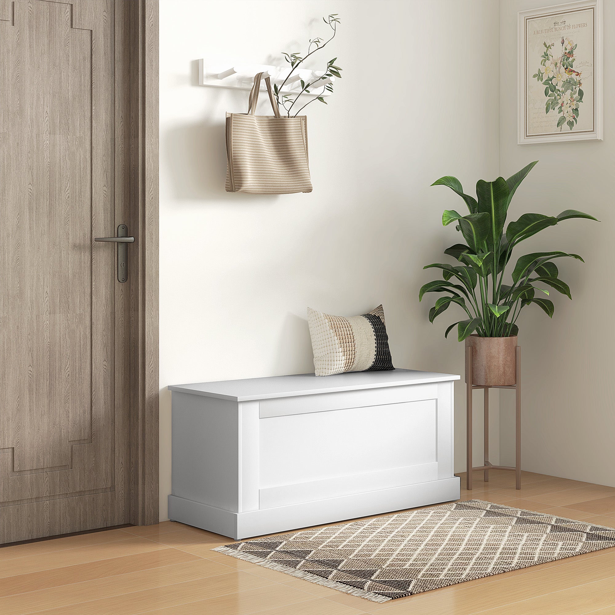 HOMCOM Storage Chest, Storage Trunk with Safety Hinge, Wooden Box for Living Room, Entryway, 39.4" x 15.7" x 17.7", White Wood Grain