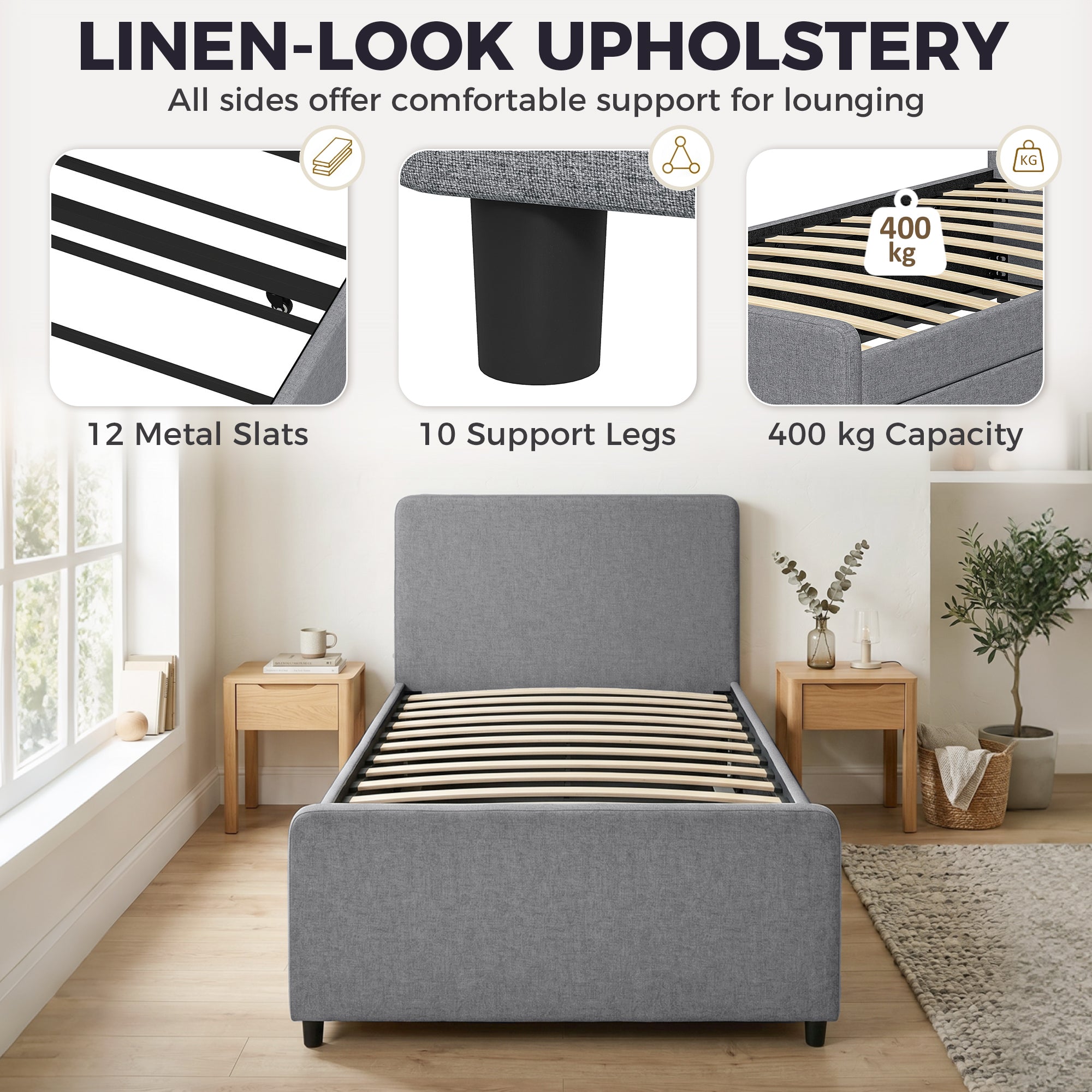 3ft Single Bed Frame with Trundle, Upholstered Pull Out Trundle Bed with Headboard and Footboard for Adults & Teenagers, 90 x 190 cm, No Mattress, Dark Grey