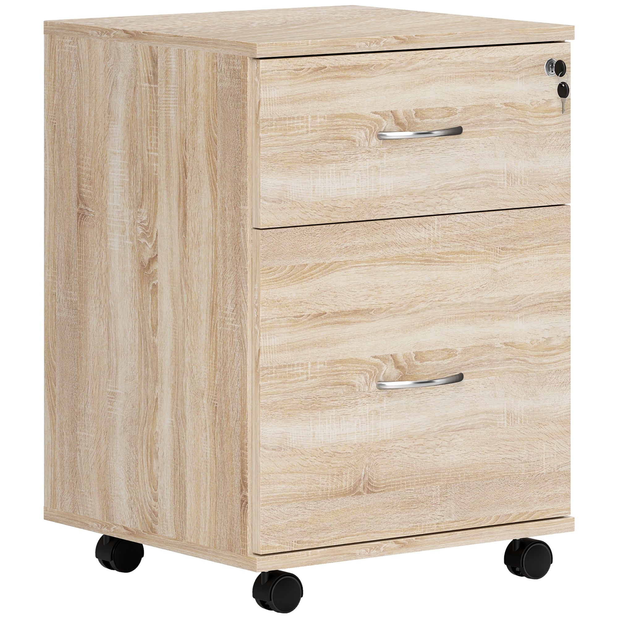 HOMCOM 2 Drawer Lockable Filing Cabinet with Wheels, Mobile Filing Cabinet for Home Office, Small Printer Stand, Oak Wood Grain