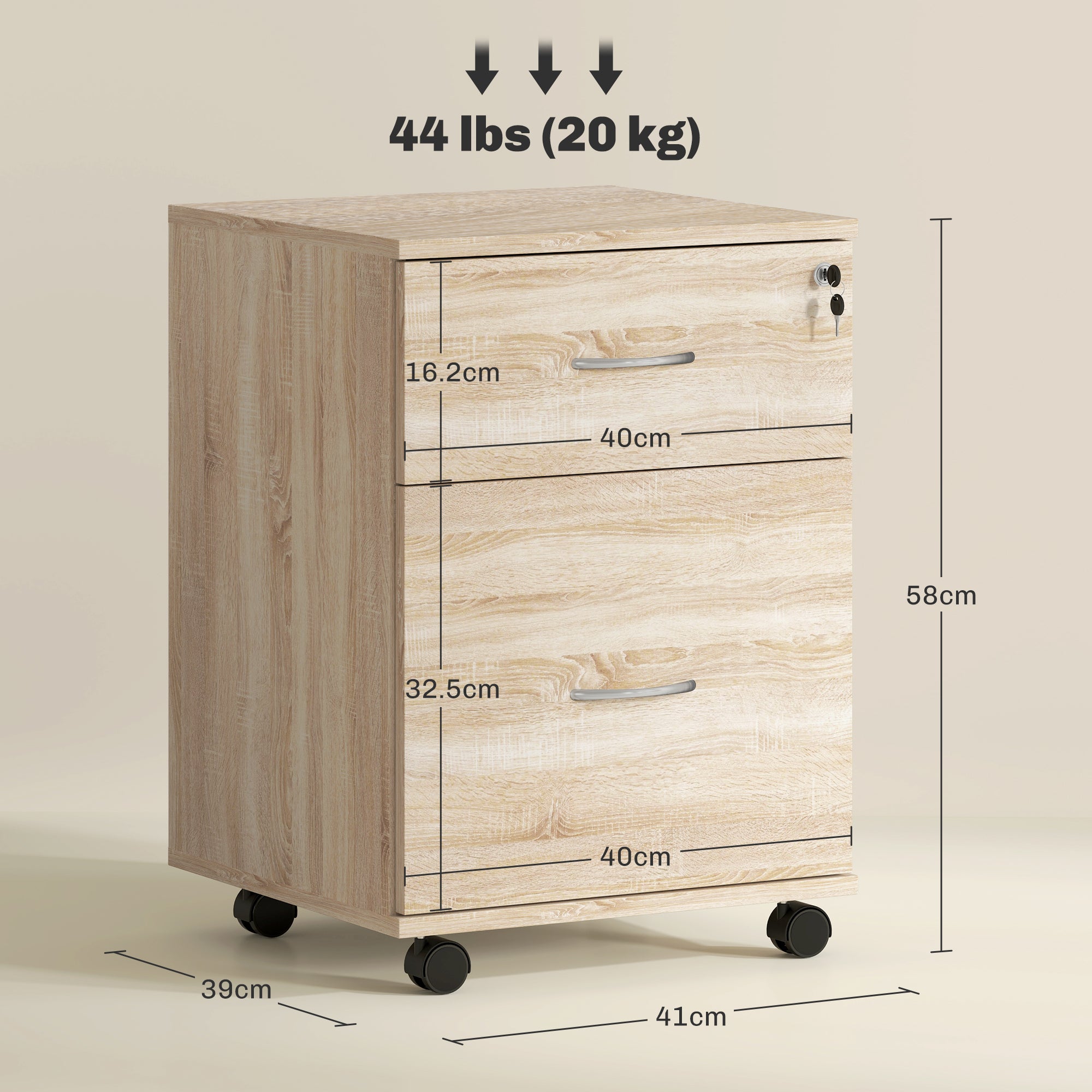 HOMCOM 2 Drawer Lockable Filing Cabinet with Wheels, Mobile Filing Cabinet for Home Office, Small Printer Stand, Oak Wood Grain