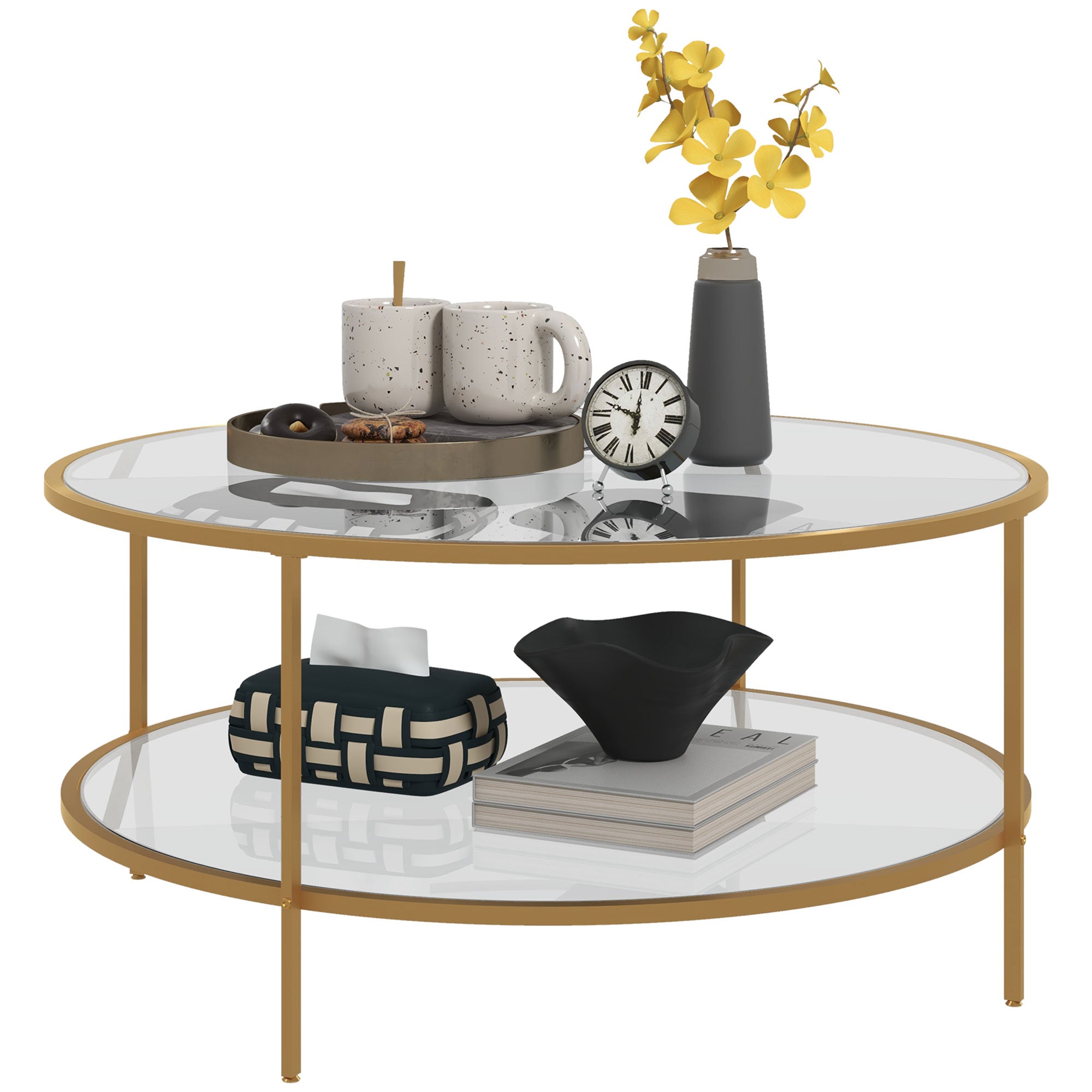 36" Round End Table w/ Storage, 2-Tier Tempered Glass Coffee Table w/ Steel Frame, Gold