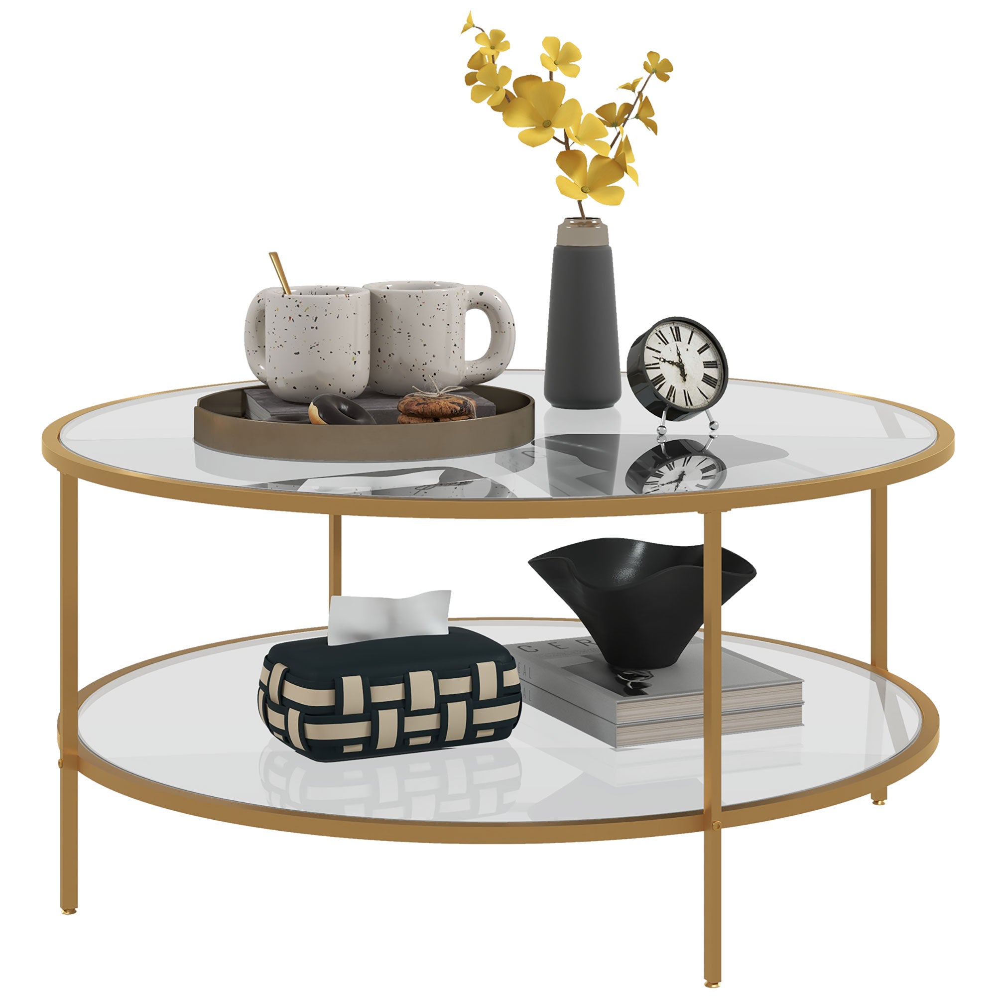 36" Round End Table w/ Storage, 2-Tier Tempered Glass Coffee Table w/ Steel Frame, Gold